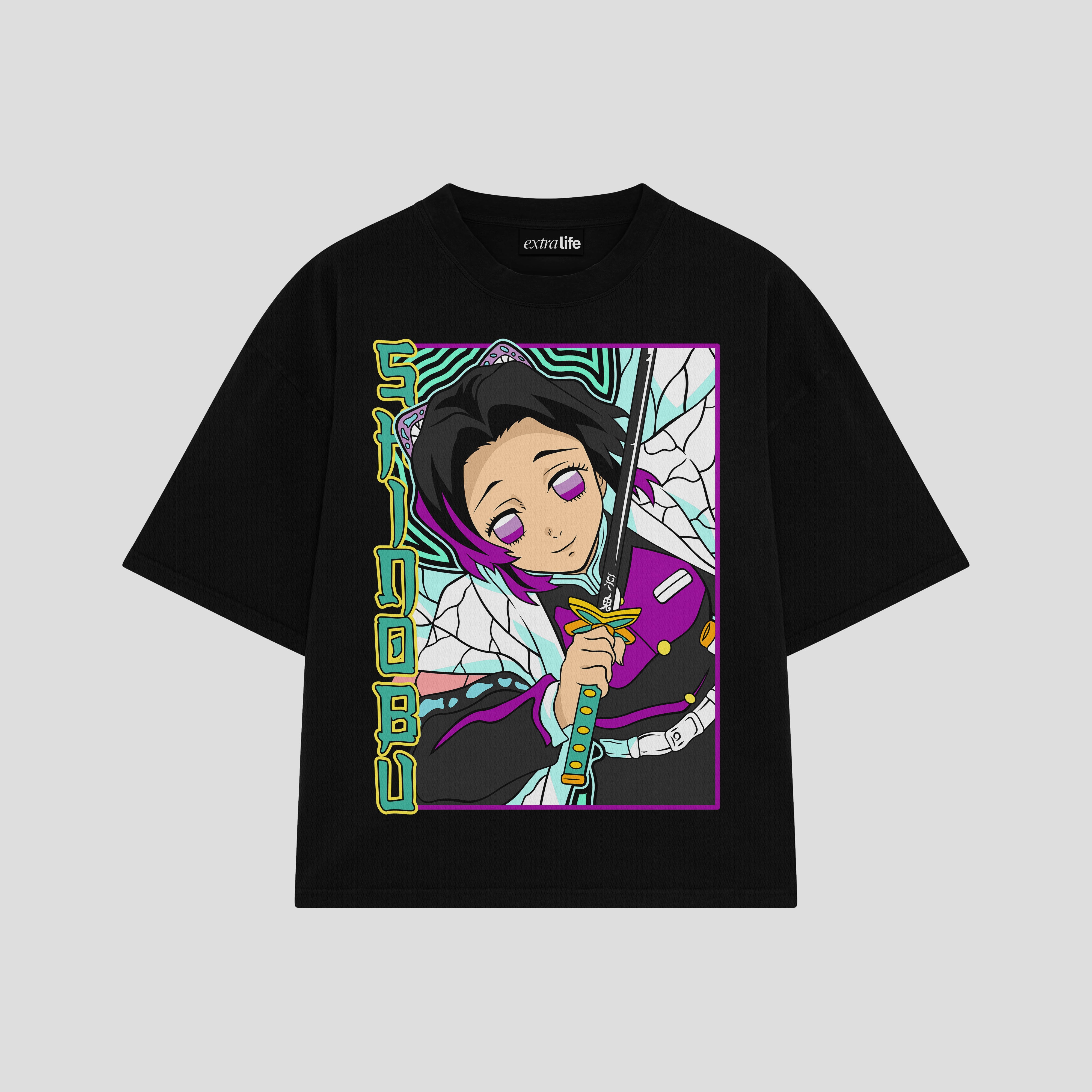 Playera streetwear premium de anime y gaming ExtraLife MX, corte boxy oversized drop shoulder heavyweight en color Deep Black y Off-White, moda urbana mexicana de culto.