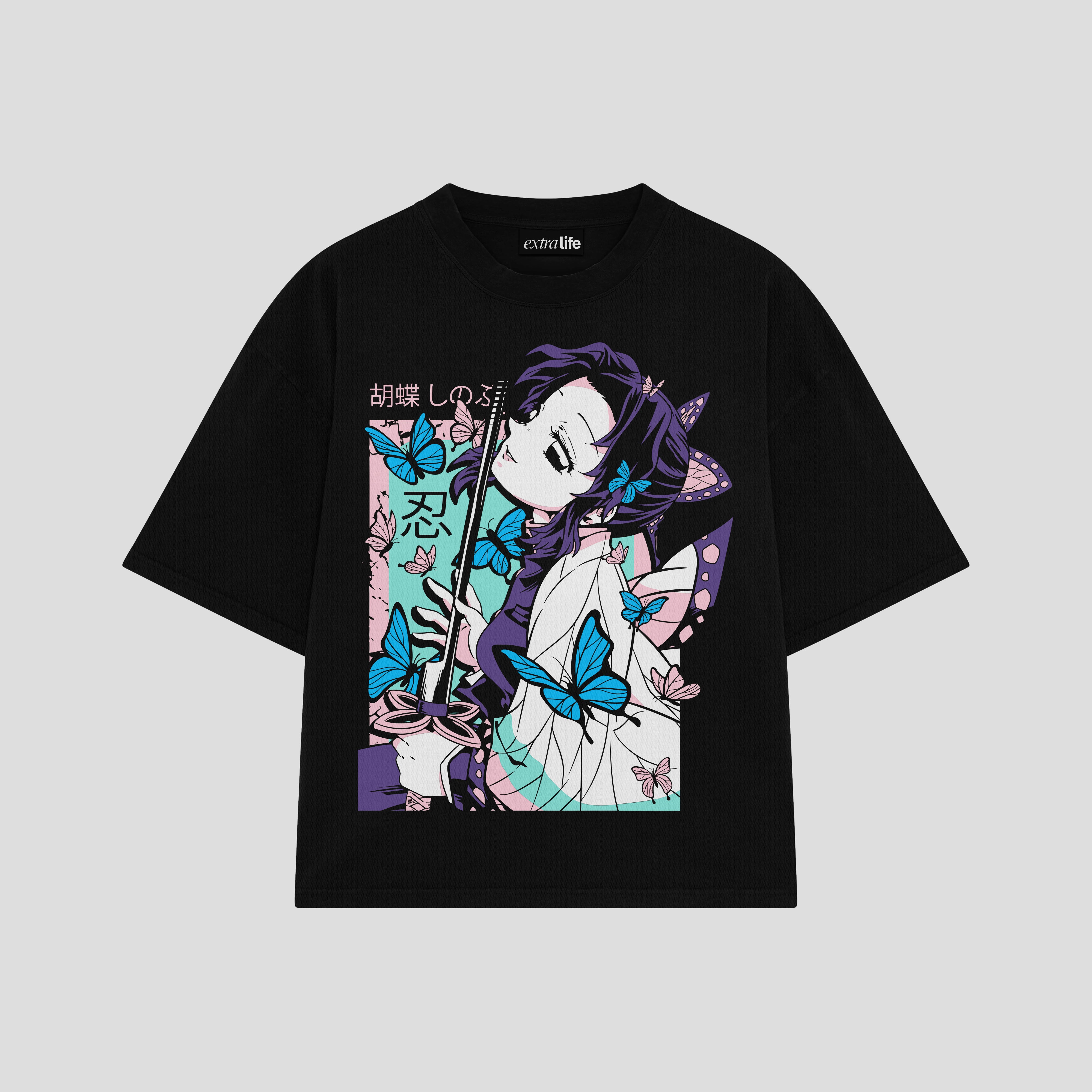 Playera streetwear premium de anime y gaming ExtraLife MX, corte boxy oversized drop shoulder heavyweight en color Deep Black y Off-White, moda urbana mexicana de culto.