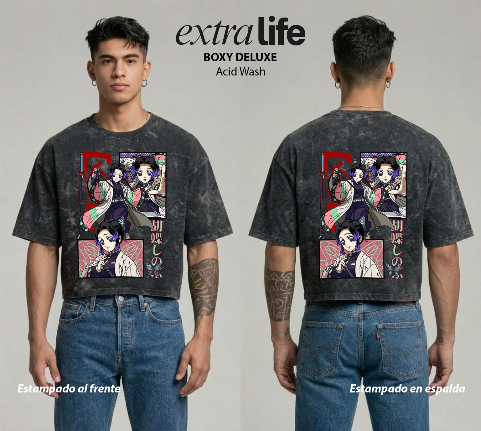 Playera streetwear premium de anime y gaming ExtraLife MX, corte boxy deluxe mineral wash heavyweight en color Acid Wash, moda urbana mexicana de culto.