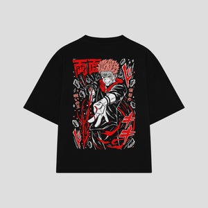 Playera streetwear premium de anime y gaming ExtraLife MX, corte boxy oversized drop shoulder heavyweight en color Deep Black y Off-White, moda urbana mexicana de culto.