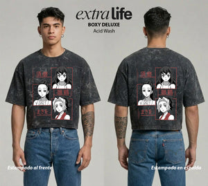 Playera streetwear premium de anime y gaming ExtraLife MX, corte boxy deluxe mineral wash heavyweight en color Acid Wash, moda urbana mexicana de culto.
