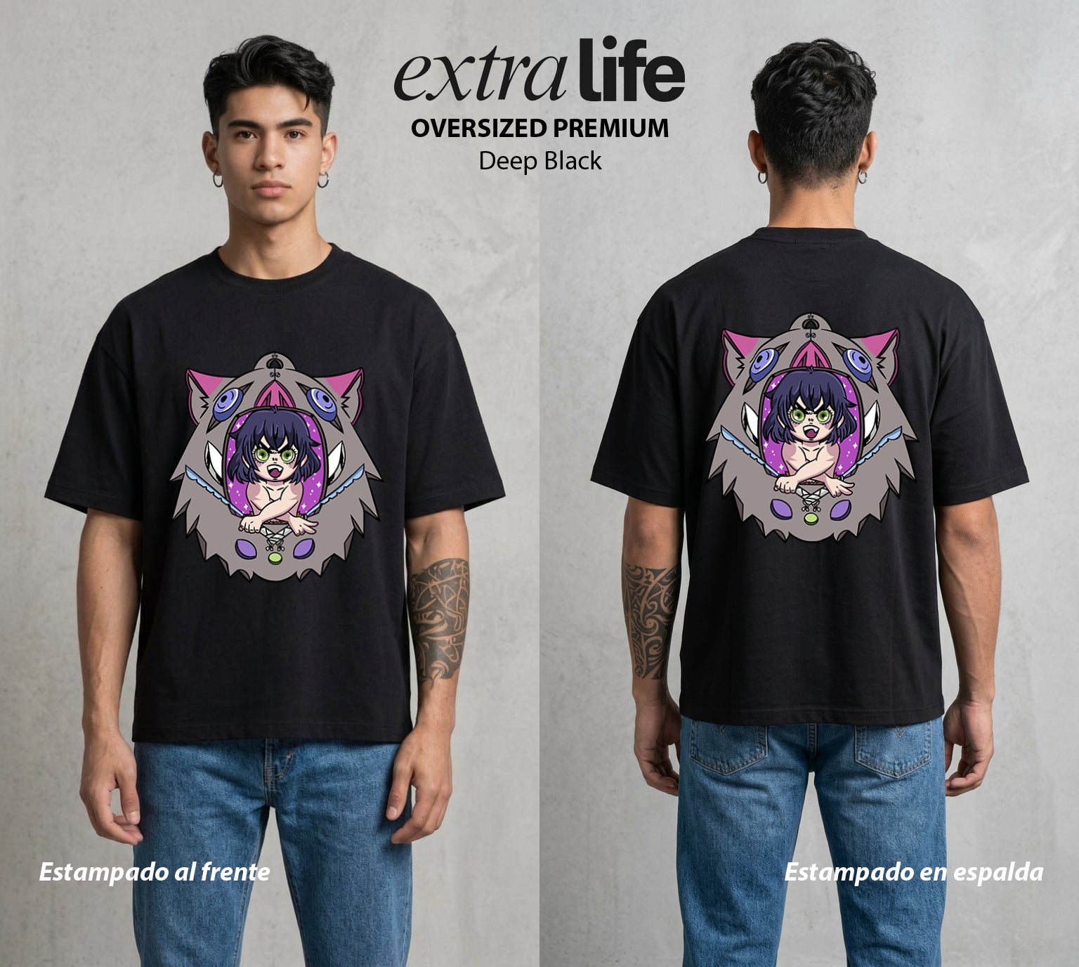 Cazadores de la Noche | El Jabalí del Monte Tamagotchi #01195 - Playera Oversized Premium | Deep Black - Foto en modelo