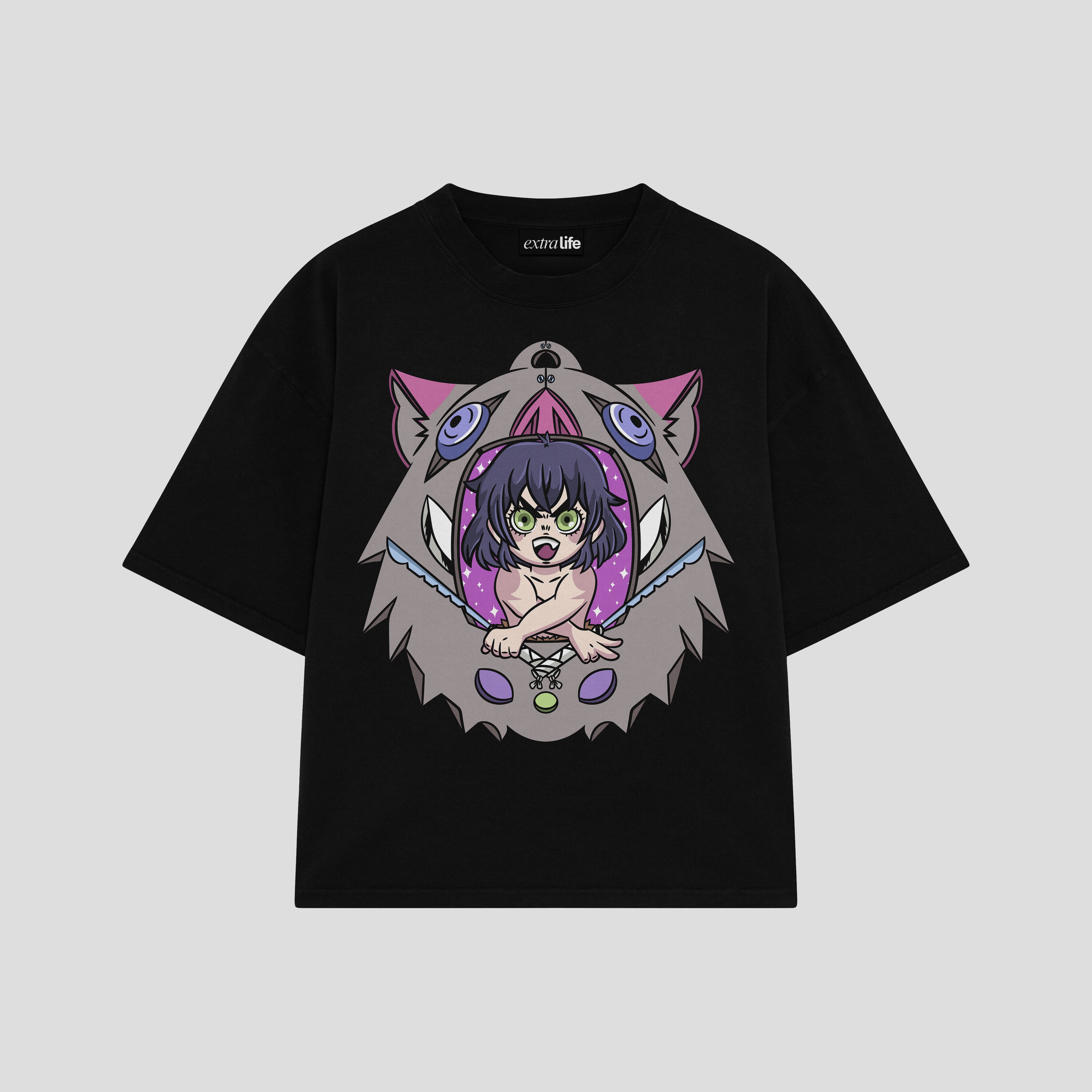 Playera streetwear premium de anime y gaming ExtraLife MX, corte boxy oversized drop shoulder heavyweight en color Deep Black y Off-White, moda urbana mexicana de culto.