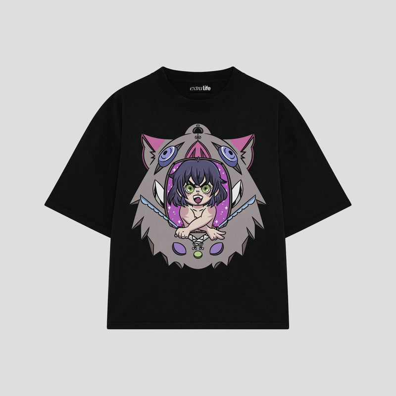 Playera streetwear premium de anime y gaming ExtraLife MX, corte boxy oversized drop shoulder heavyweight en color Deep Black y Off-White, moda urbana mexicana de culto.