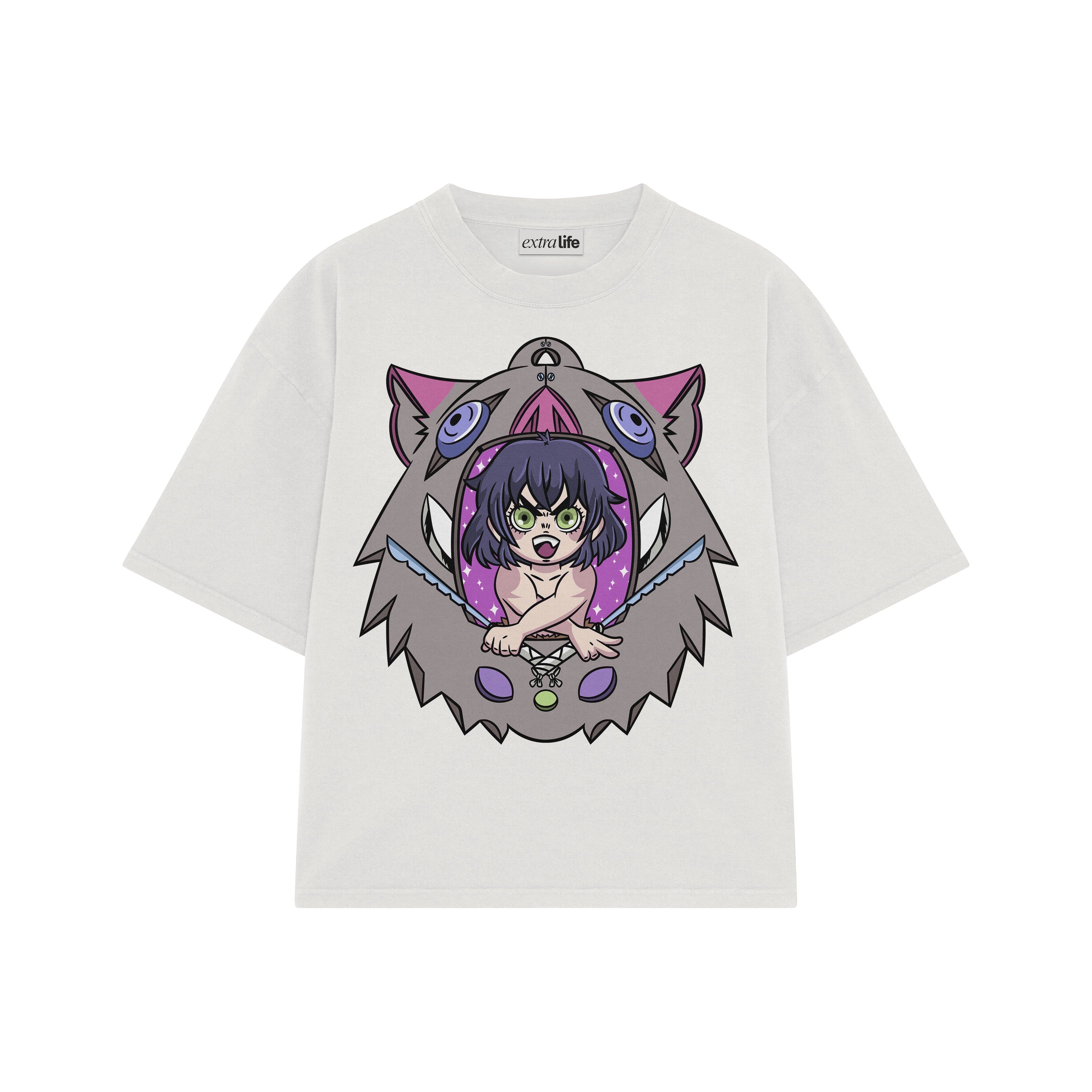 Playera streetwear premium de anime y gaming ExtraLife MX, corte boxy oversized drop shoulder heavyweight en color Deep Black y Off-White, moda urbana mexicana de culto.