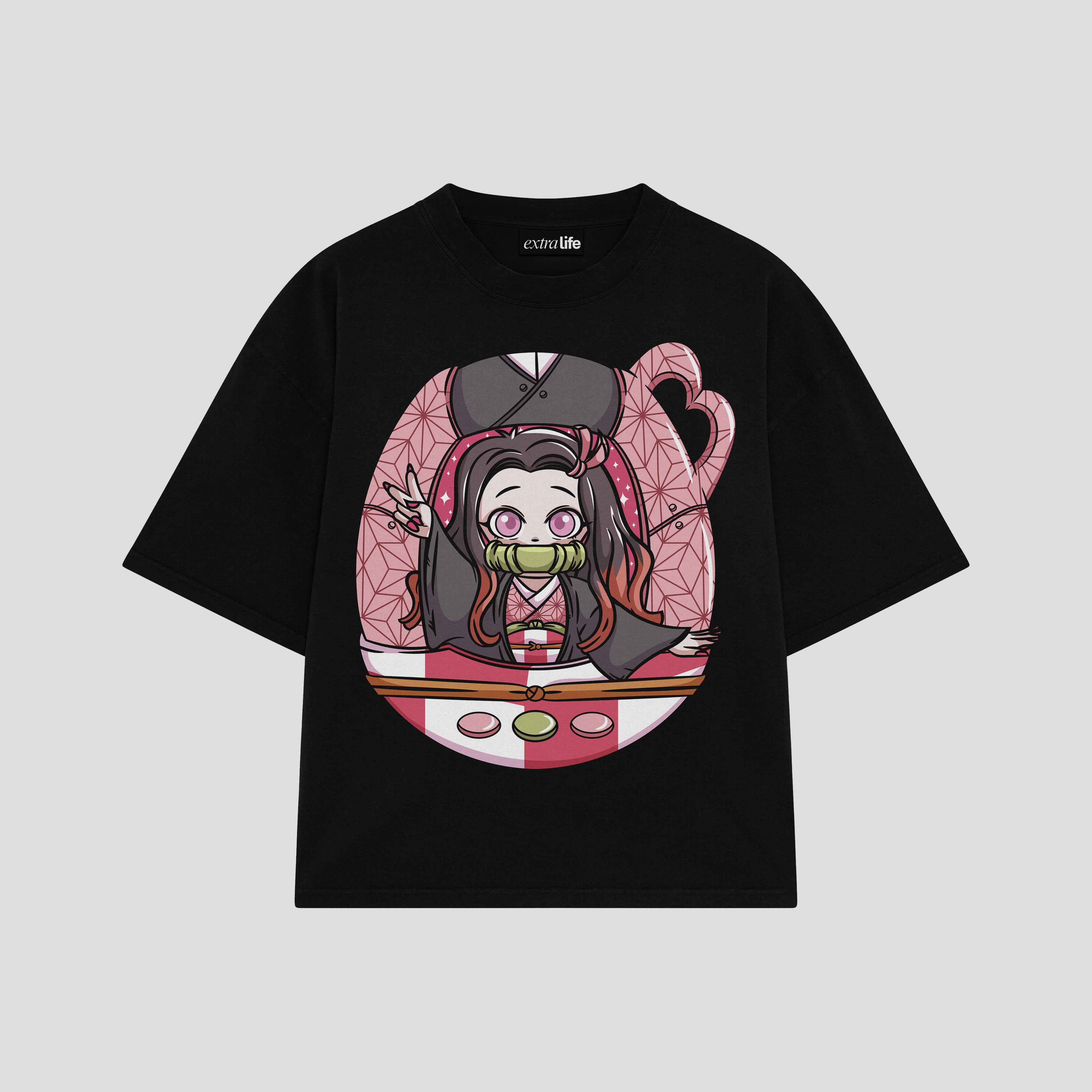 Playera streetwear premium de anime y gaming ExtraLife MX, corte boxy oversized drop shoulder heavyweight en color Deep Black y Off-White, moda urbana mexicana de culto.