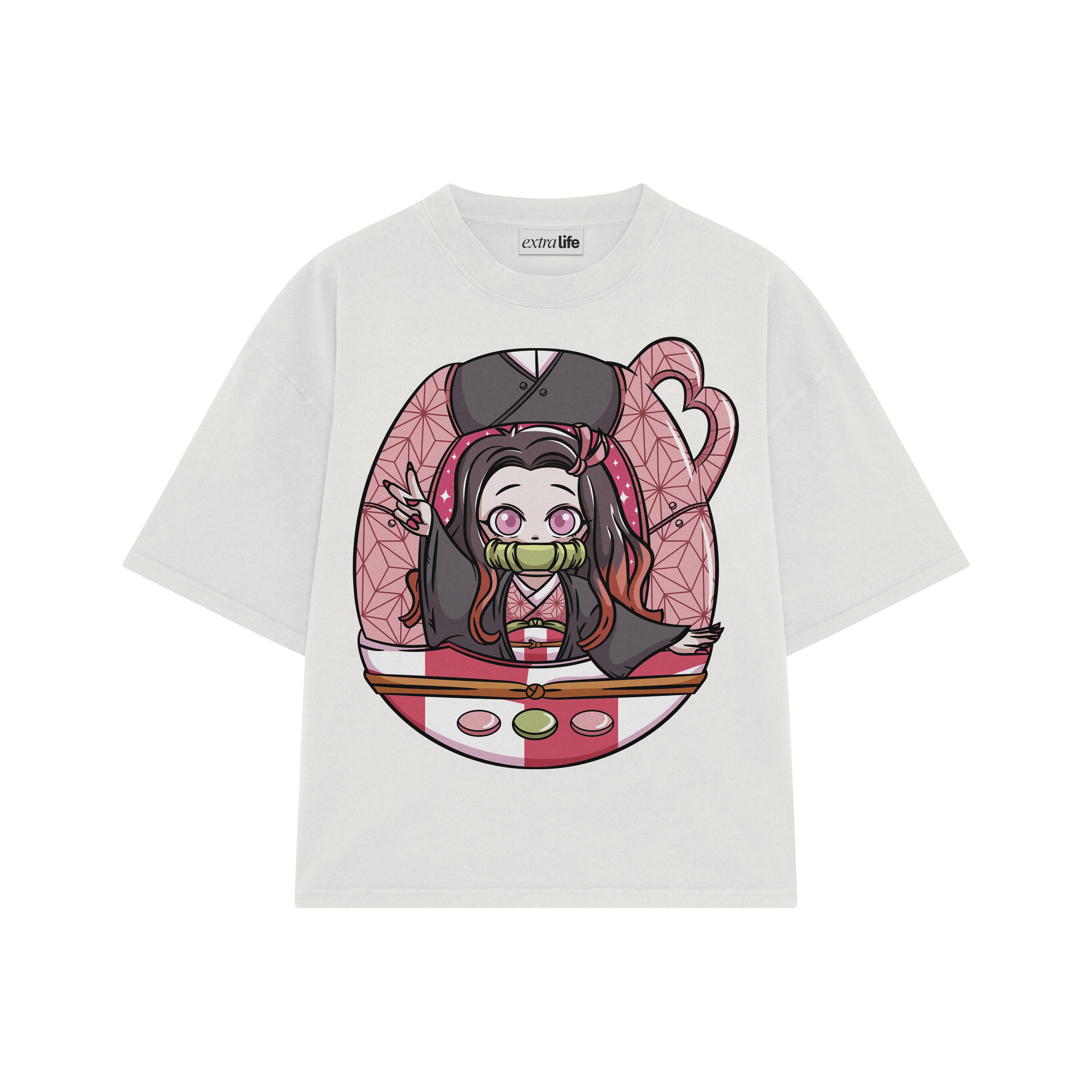 Playera streetwear premium de anime y gaming ExtraLife MX, corte boxy oversized drop shoulder heavyweight en color Deep Black y Off-White, moda urbana mexicana de culto.