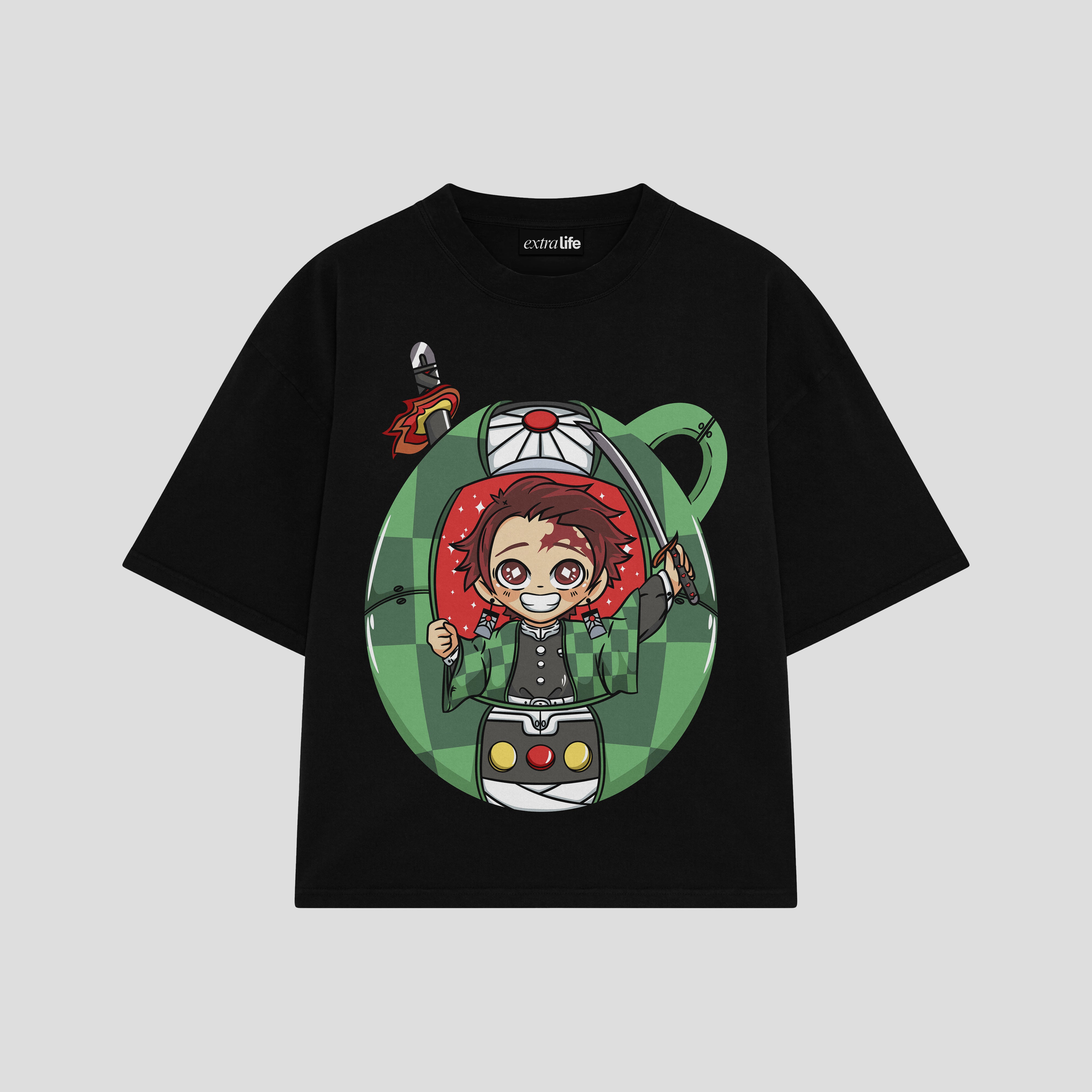 Playera streetwear premium de anime y gaming ExtraLife MX, corte boxy oversized drop shoulder heavyweight en color Deep Black y Off-White, moda urbana mexicana de culto.