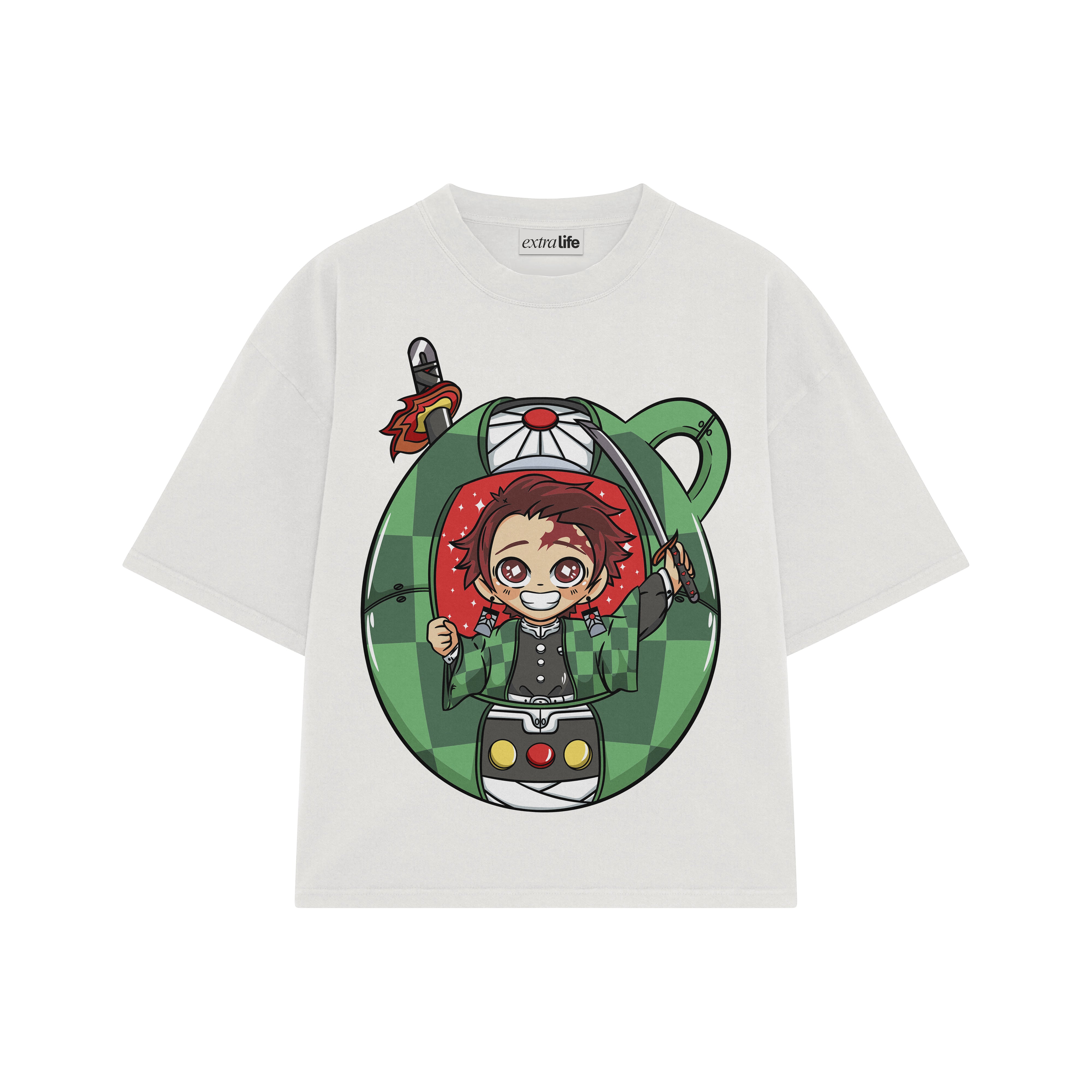 Playera streetwear premium de anime y gaming ExtraLife MX, corte boxy oversized drop shoulder heavyweight en color Deep Black y Off-White, moda urbana mexicana de culto.