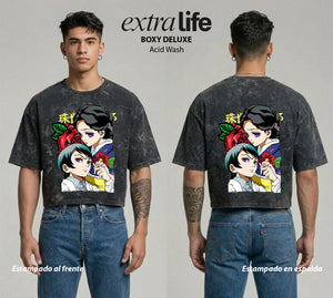 Playera streetwear premium de anime y gaming ExtraLife MX, corte boxy deluxe mineral wash heavyweight en color Acid Wash, moda urbana mexicana de culto.