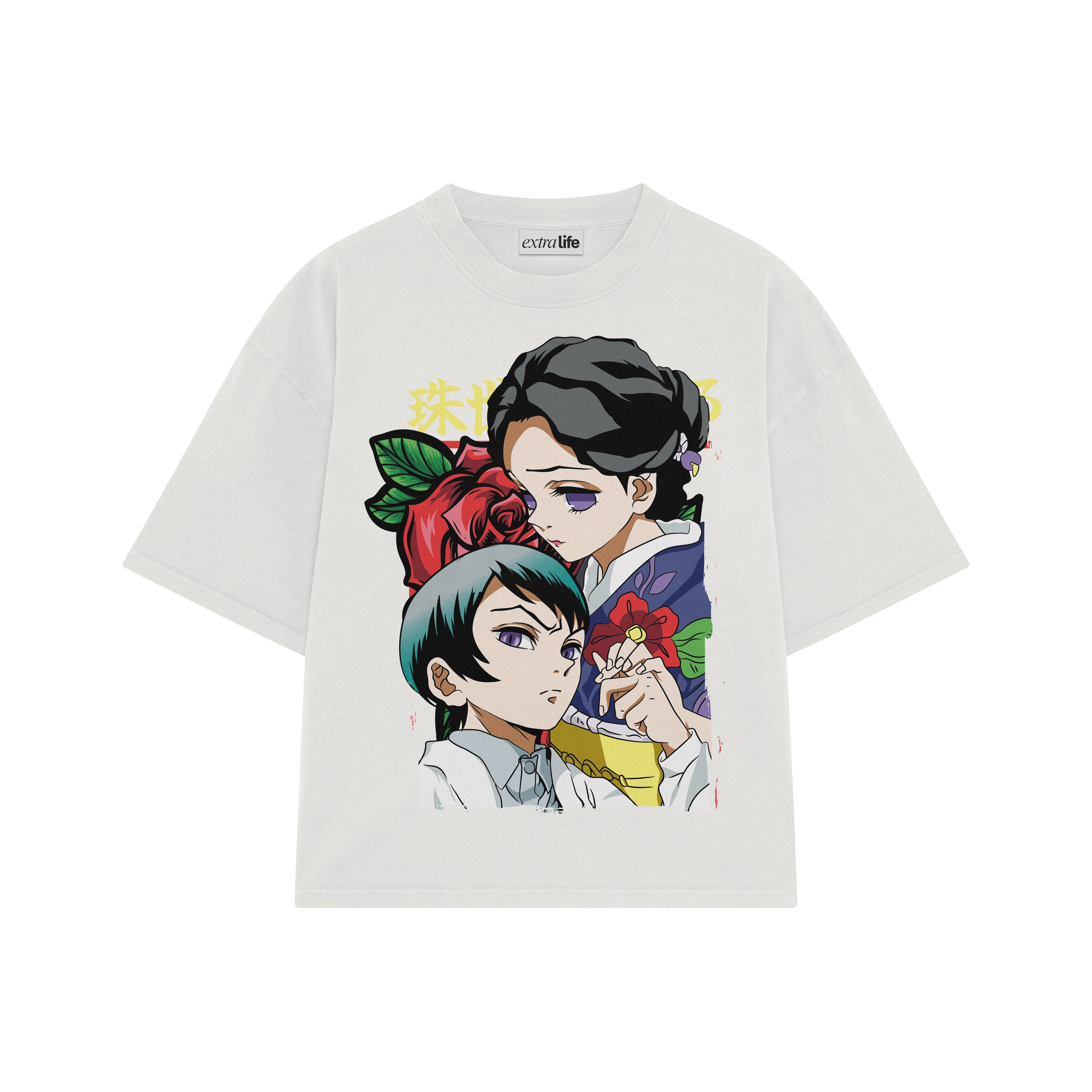Playera streetwear premium de anime y gaming ExtraLife MX, corte boxy oversized drop shoulder heavyweight en color Deep Black y Off-White, moda urbana mexicana de culto.