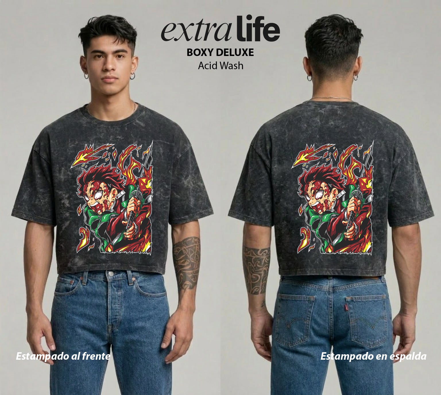Playera streetwear premium de anime y gaming ExtraLife MX, corte boxy deluxe mineral wash heavyweight en color Acid Wash, moda urbana mexicana de culto.