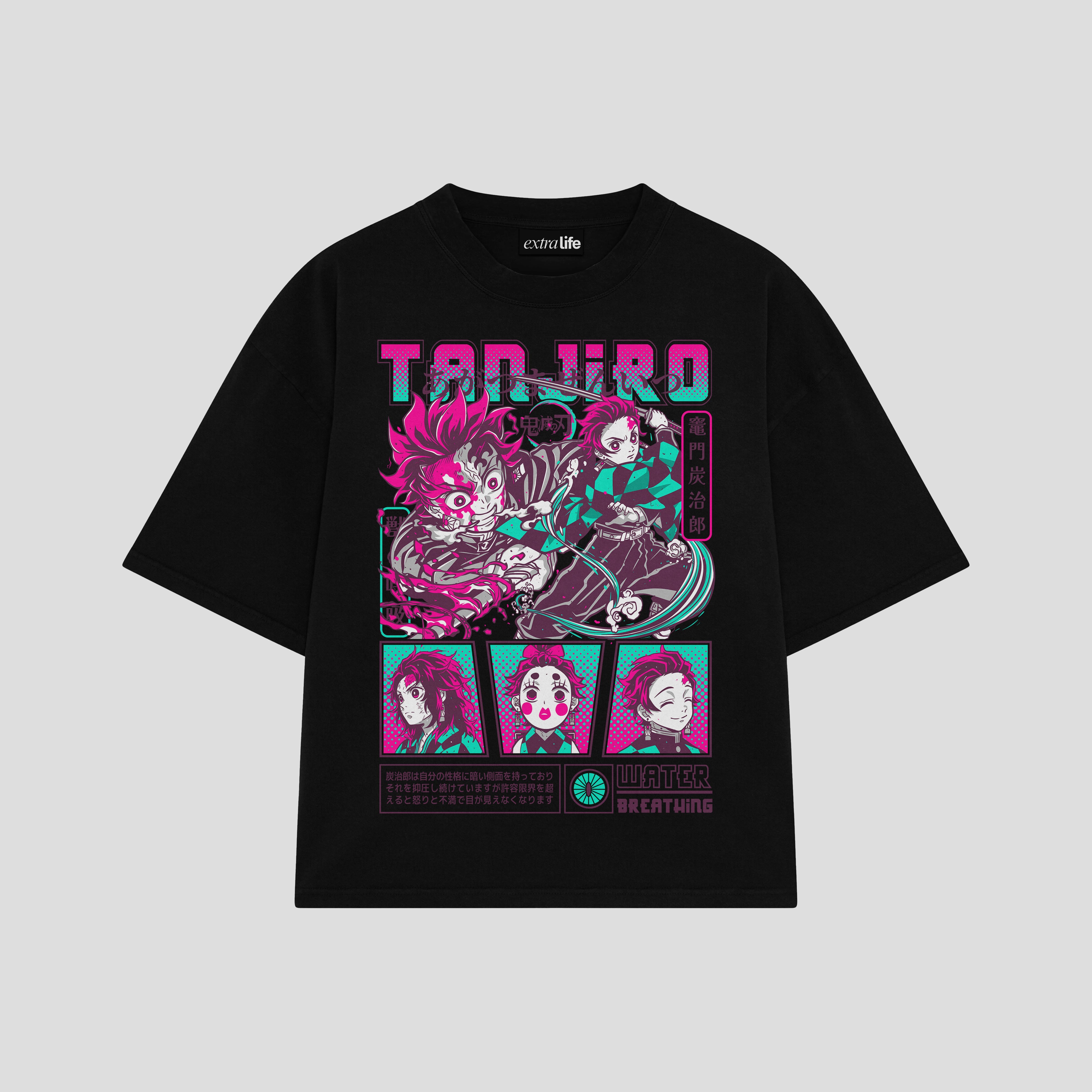 Playera streetwear premium de anime y gaming ExtraLife MX, corte boxy oversized drop shoulder heavyweight en color Deep Black y Off-White, moda urbana mexicana de culto.