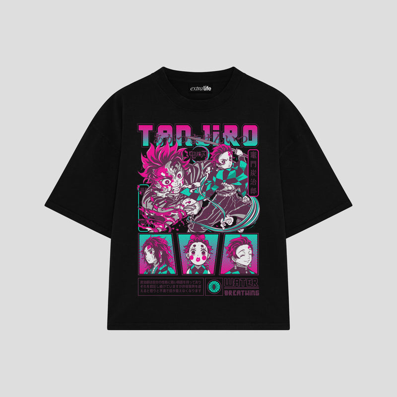 Playera streetwear premium de anime y gaming ExtraLife MX, corte boxy oversized drop shoulder heavyweight en color Deep Black y Off-White, moda urbana mexicana de culto.