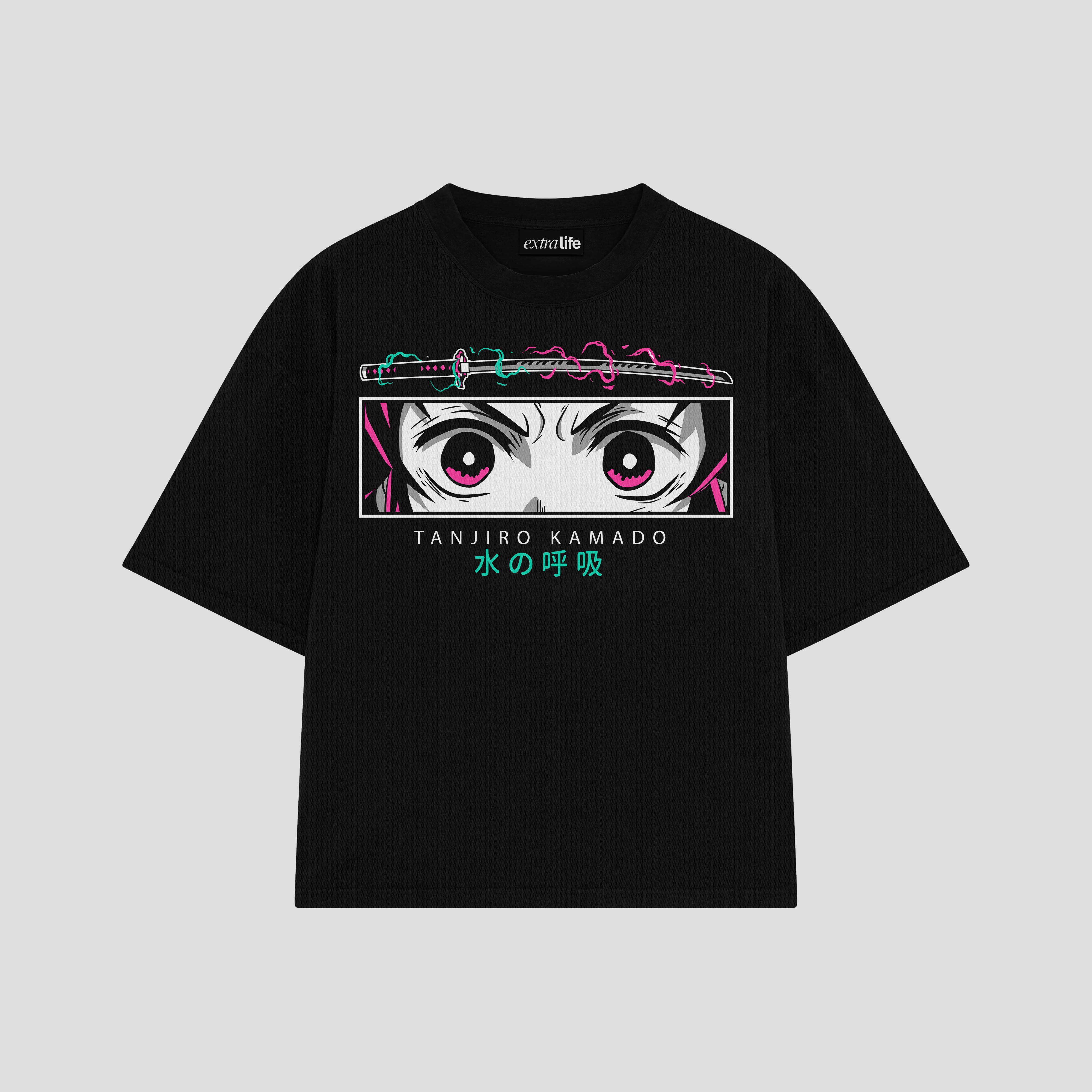 Playera streetwear premium de anime y gaming ExtraLife MX, corte boxy oversized drop shoulder heavyweight en color Deep Black y Off-White, moda urbana mexicana de culto.