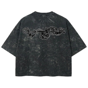 Playera streetwear premium de anime y gaming ExtraLife MX, corte boxy deluxe mineral wash heavyweight en color Acid Wash, moda urbana mexicana de culto.