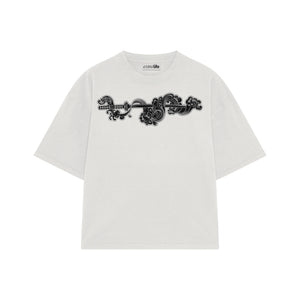 Playera streetwear premium de anime y gaming ExtraLife MX, corte boxy oversized drop shoulder heavyweight en color Deep Black y Off-White, moda urbana mexicana de culto.