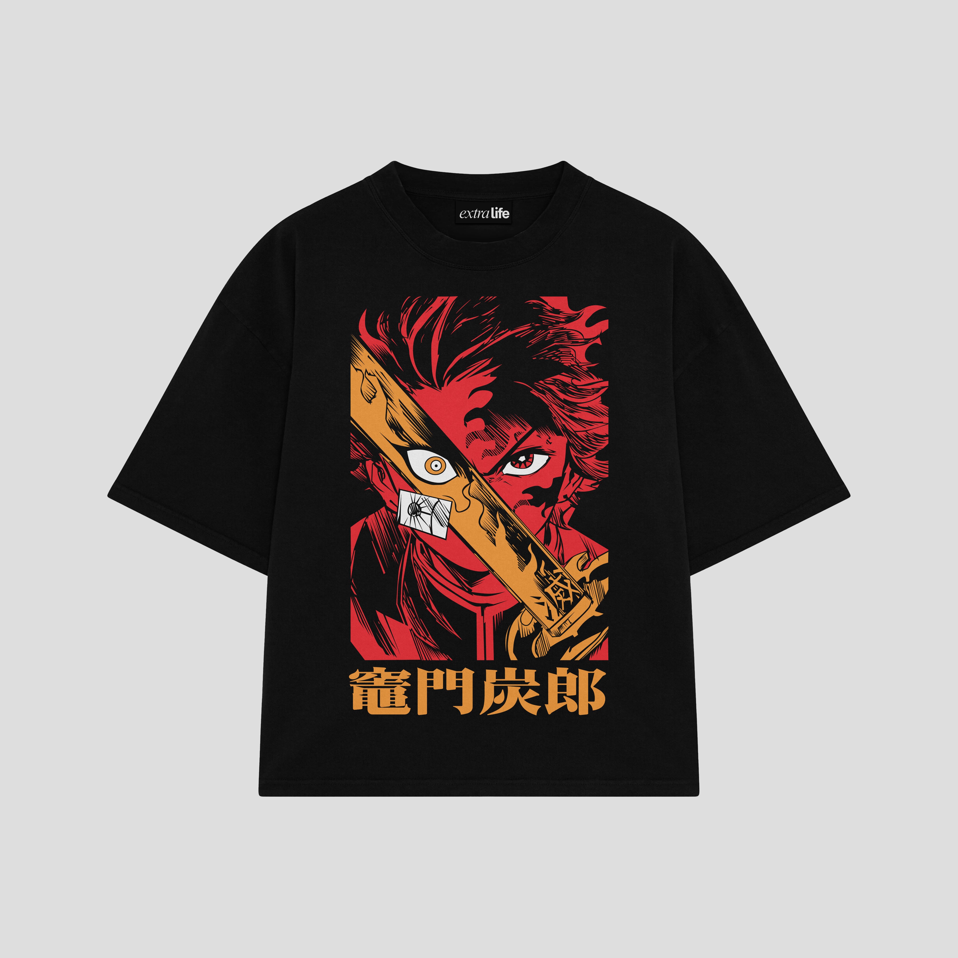 Playera streetwear premium de anime y gaming ExtraLife MX, corte boxy oversized drop shoulder heavyweight en color Deep Black y Off-White, moda urbana mexicana de culto.