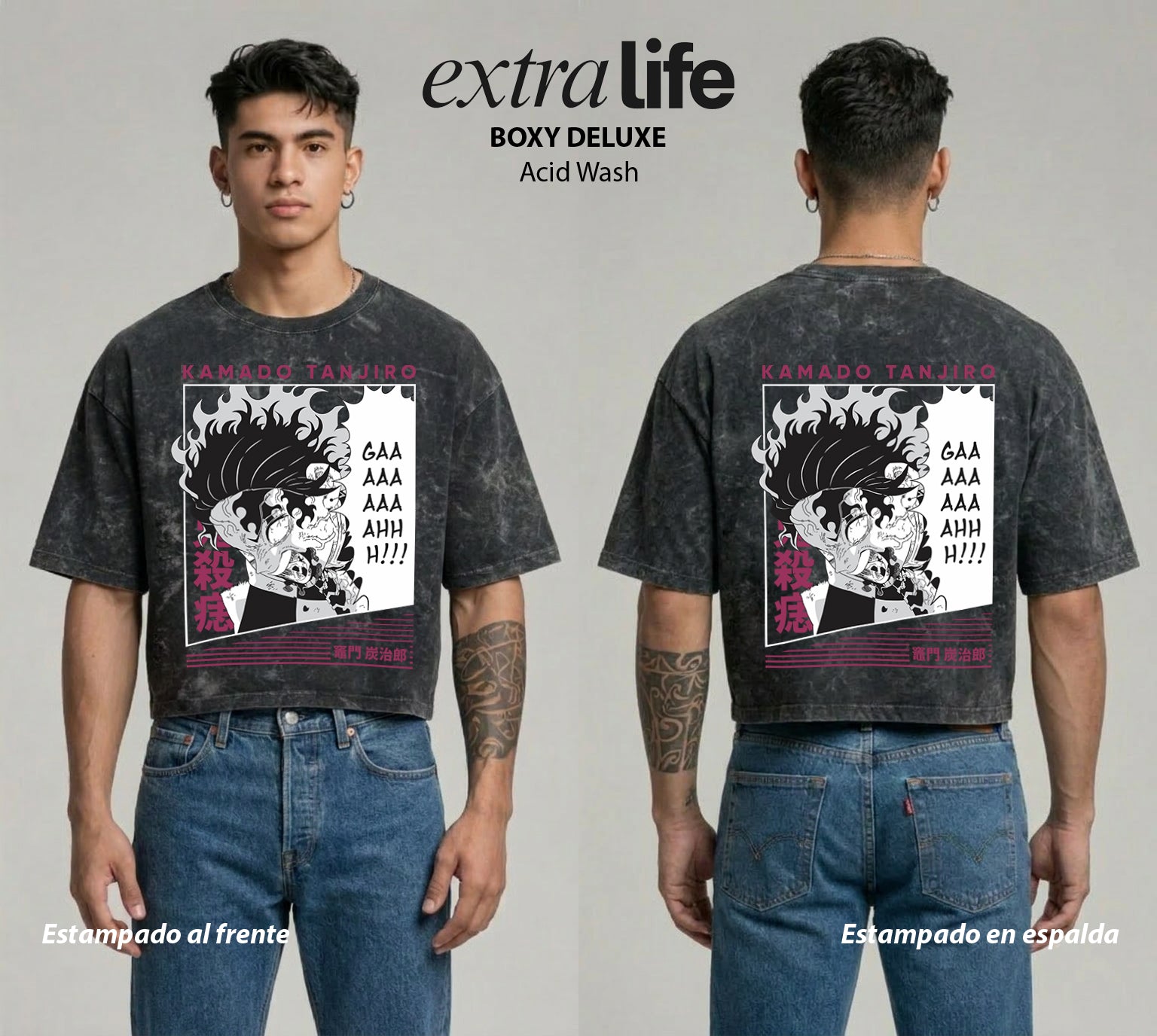 Playera streetwear premium de anime y gaming ExtraLife MX, corte boxy deluxe mineral wash heavyweight en color Acid Wash, moda urbana mexicana de culto.