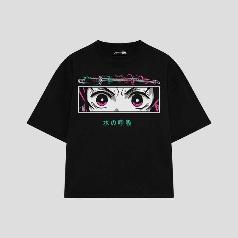 Playera streetwear premium de anime y gaming ExtraLife MX, corte boxy oversized drop shoulder heavyweight en color Deep Black y Off-White, moda urbana mexicana de culto.