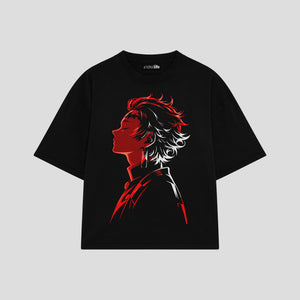 Playera streetwear premium de anime y gaming ExtraLife MX, corte boxy oversized drop shoulder heavyweight en color Deep Black y Off-White, moda urbana mexicana de culto.