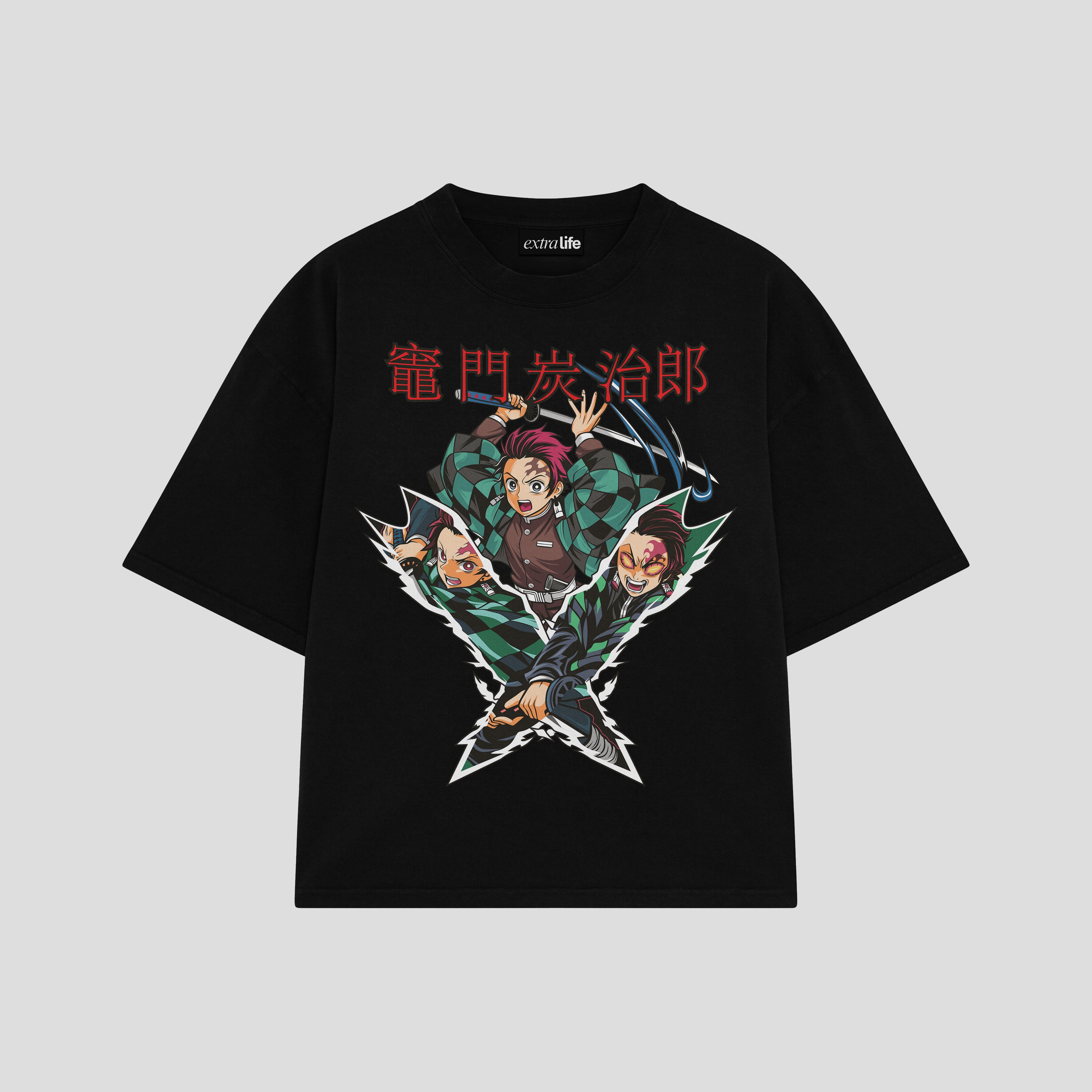 Playera streetwear premium de anime y gaming ExtraLife MX, corte boxy oversized drop shoulder heavyweight en color Deep Black y Off-White, moda urbana mexicana de culto.