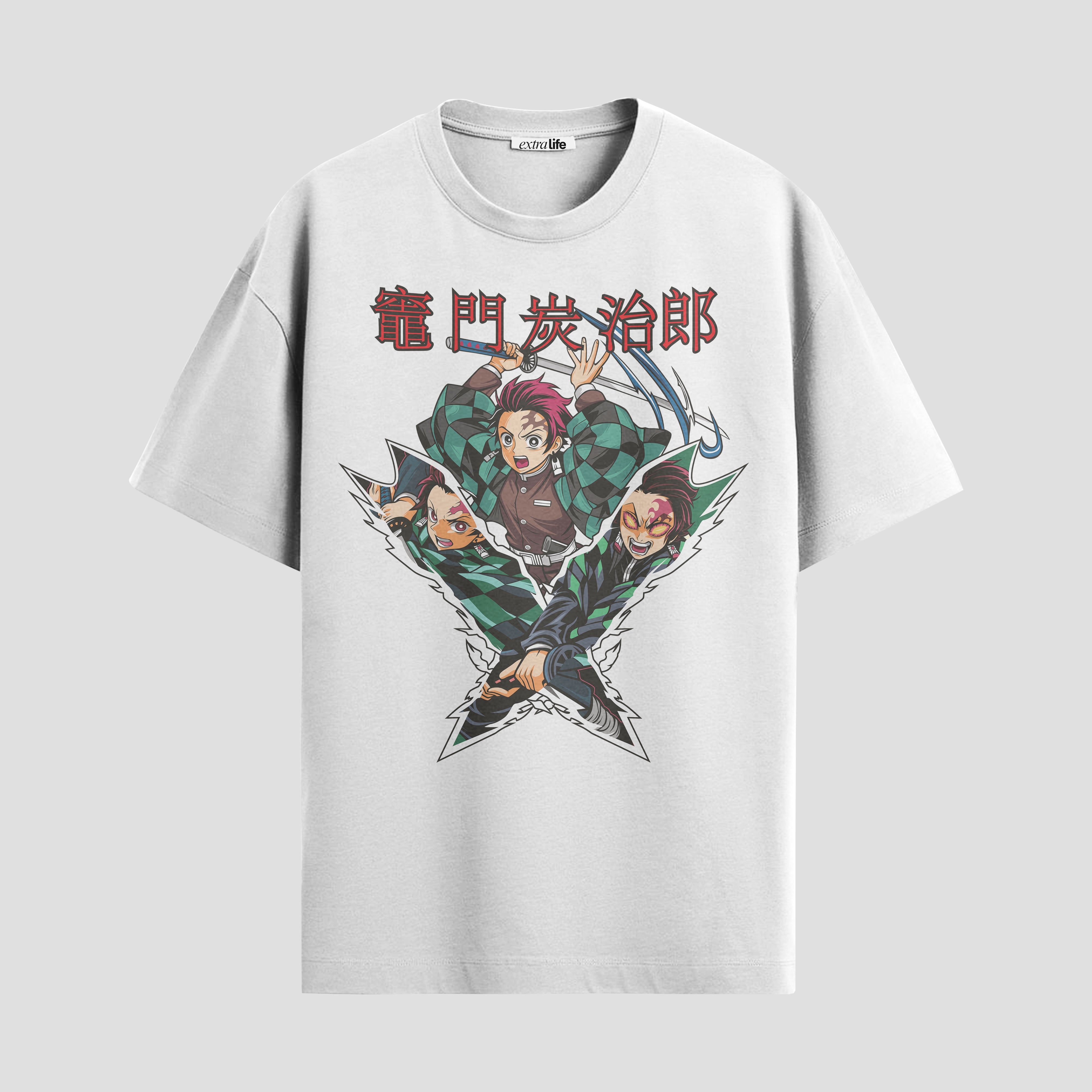 Playera urbana de anime y gaming ExtraLife MX, corte Standard Fit unisex ligero y transpirable en color Deep Black y Pure White, ropa de uso diario para gym y casual.