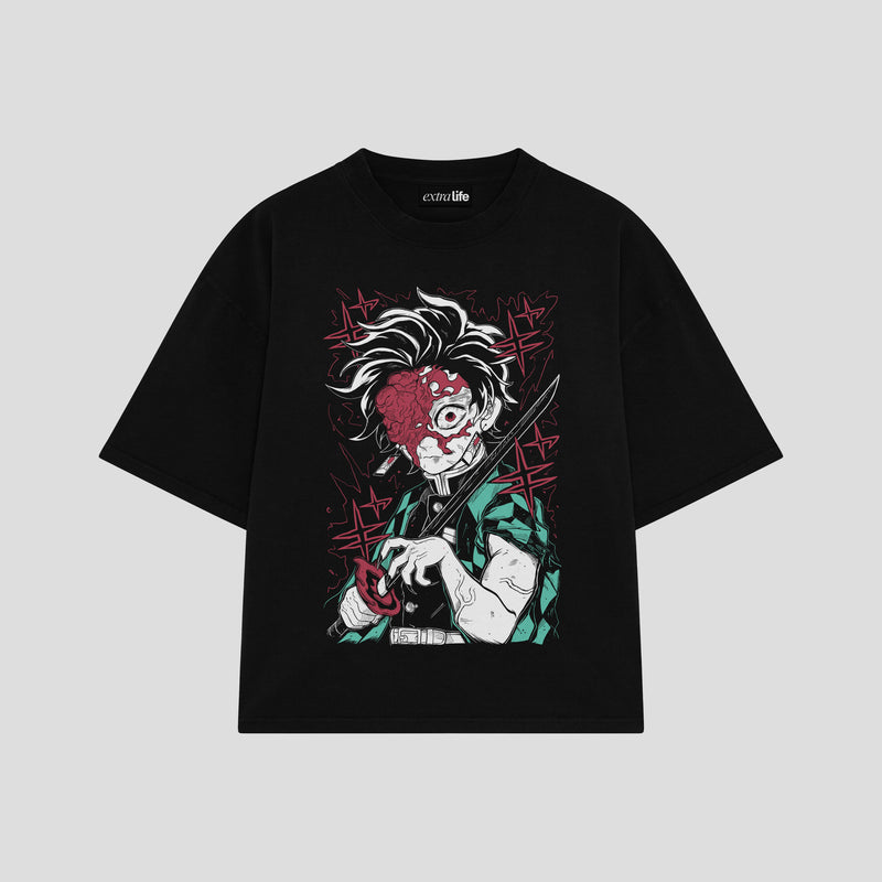Playera streetwear premium de anime y gaming ExtraLife MX, corte boxy oversized drop shoulder heavyweight en color Deep Black y Off-White, moda urbana mexicana de culto.