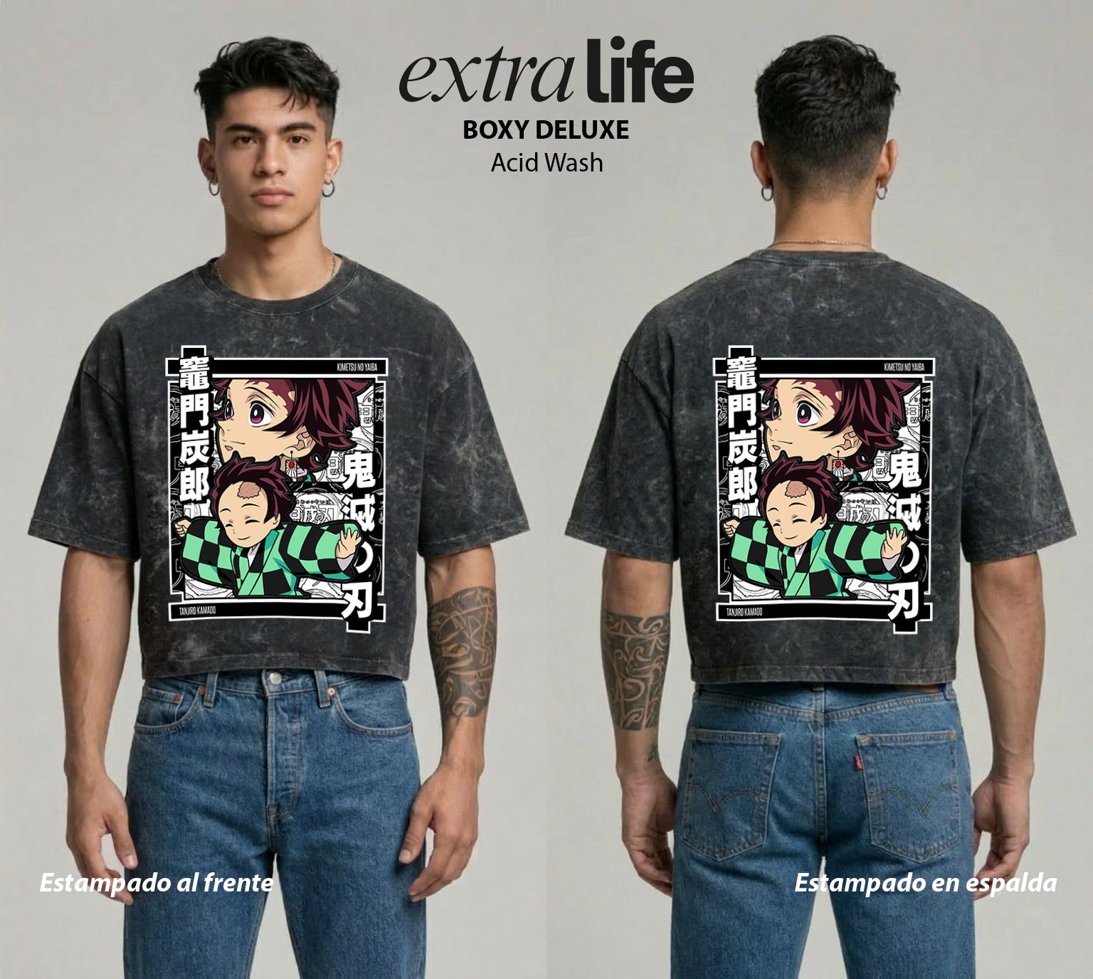 Playera streetwear premium de anime y gaming ExtraLife MX, corte boxy deluxe mineral wash heavyweight en color Acid Wash, moda urbana mexicana de culto.