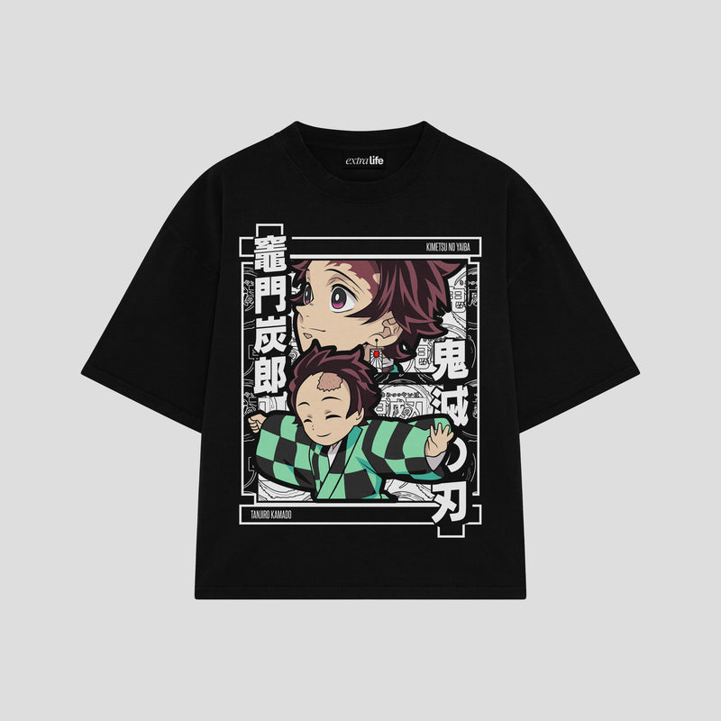 Playera streetwear premium de anime y gaming ExtraLife MX, corte boxy oversized drop shoulder heavyweight en color Deep Black y Off-White, moda urbana mexicana de culto.