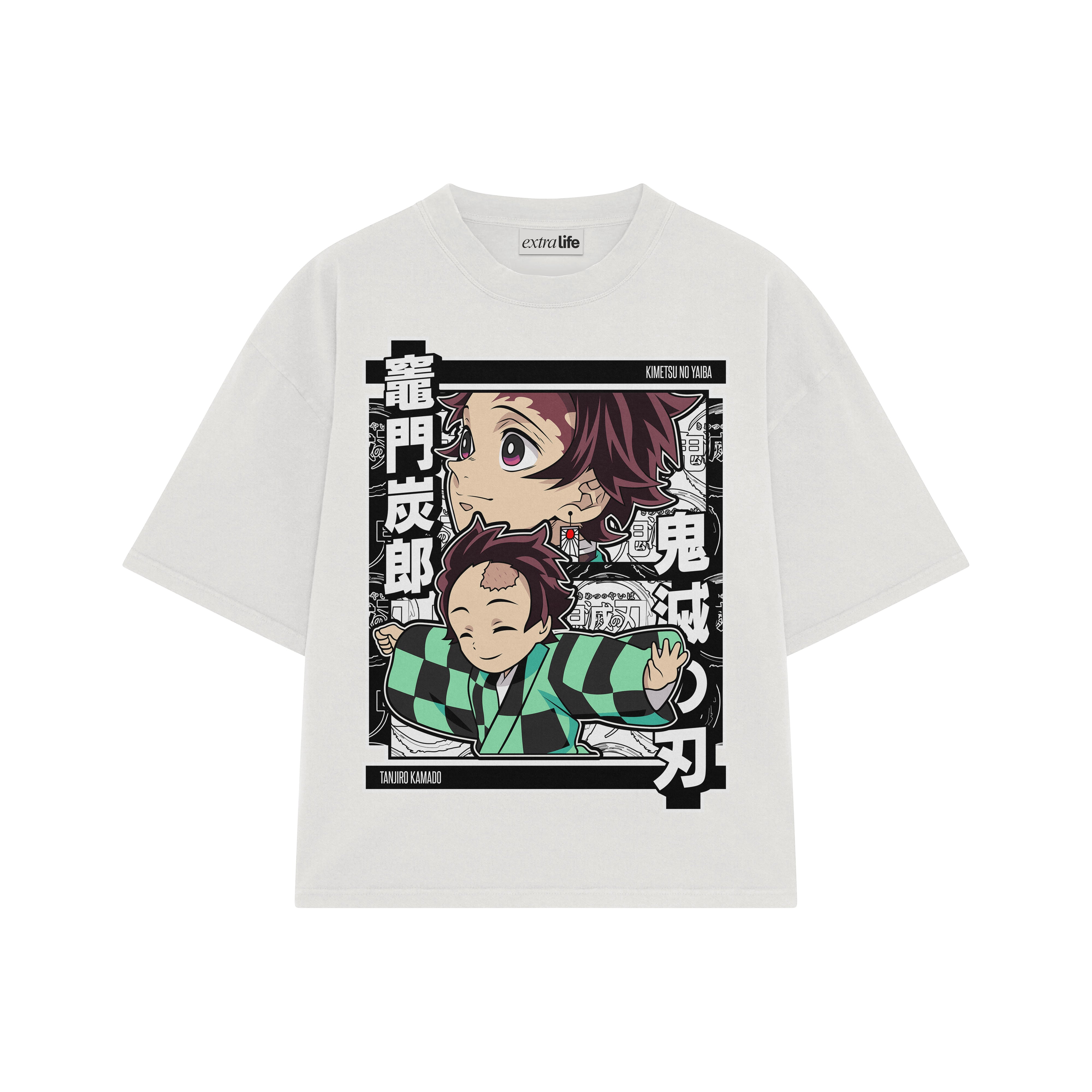 Playera streetwear premium de anime y gaming ExtraLife MX, corte boxy oversized drop shoulder heavyweight en color Deep Black y Off-White, moda urbana mexicana de culto.