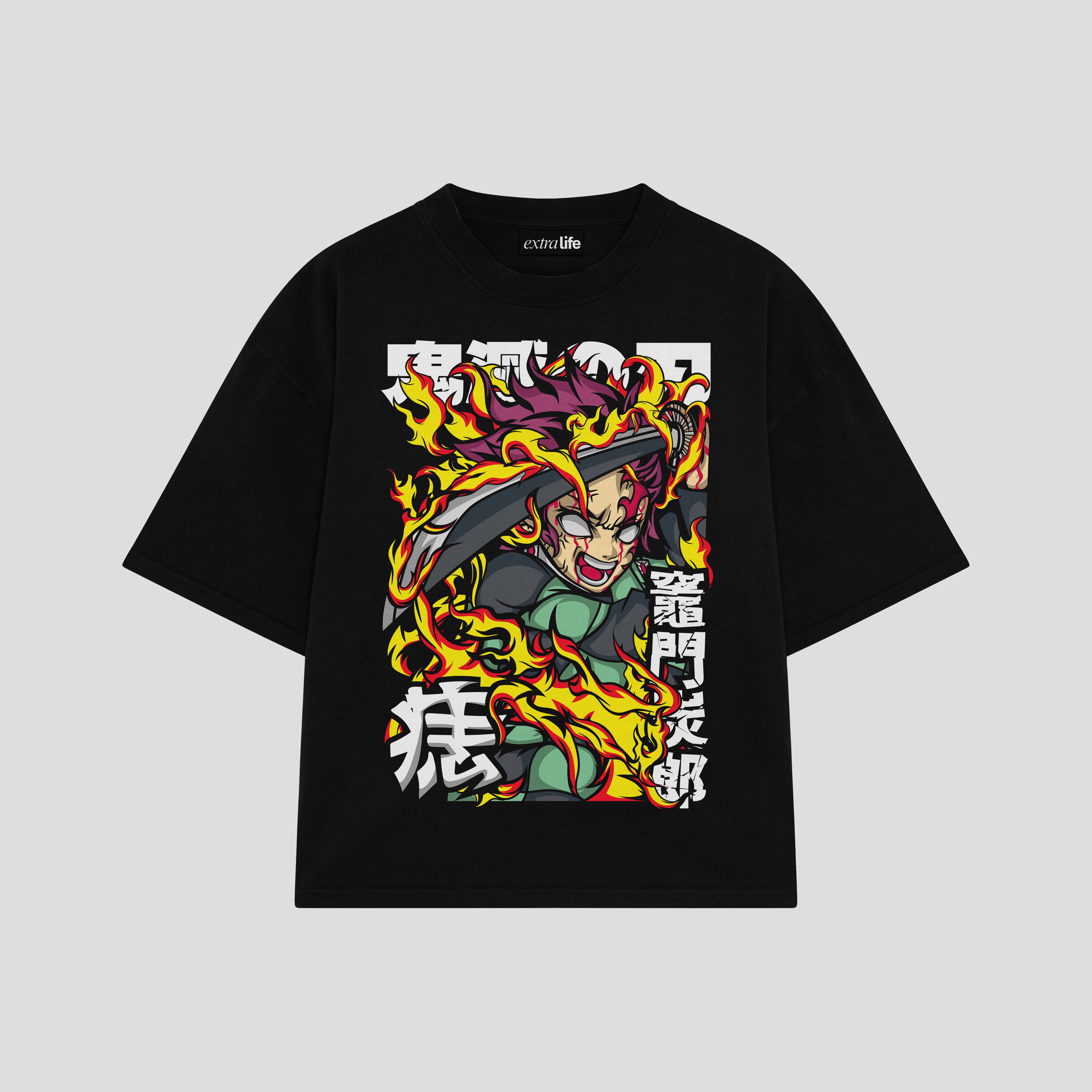 Playera streetwear premium de anime y gaming ExtraLife MX, corte boxy oversized drop shoulder heavyweight en color Deep Black y Off-White, moda urbana mexicana de culto.