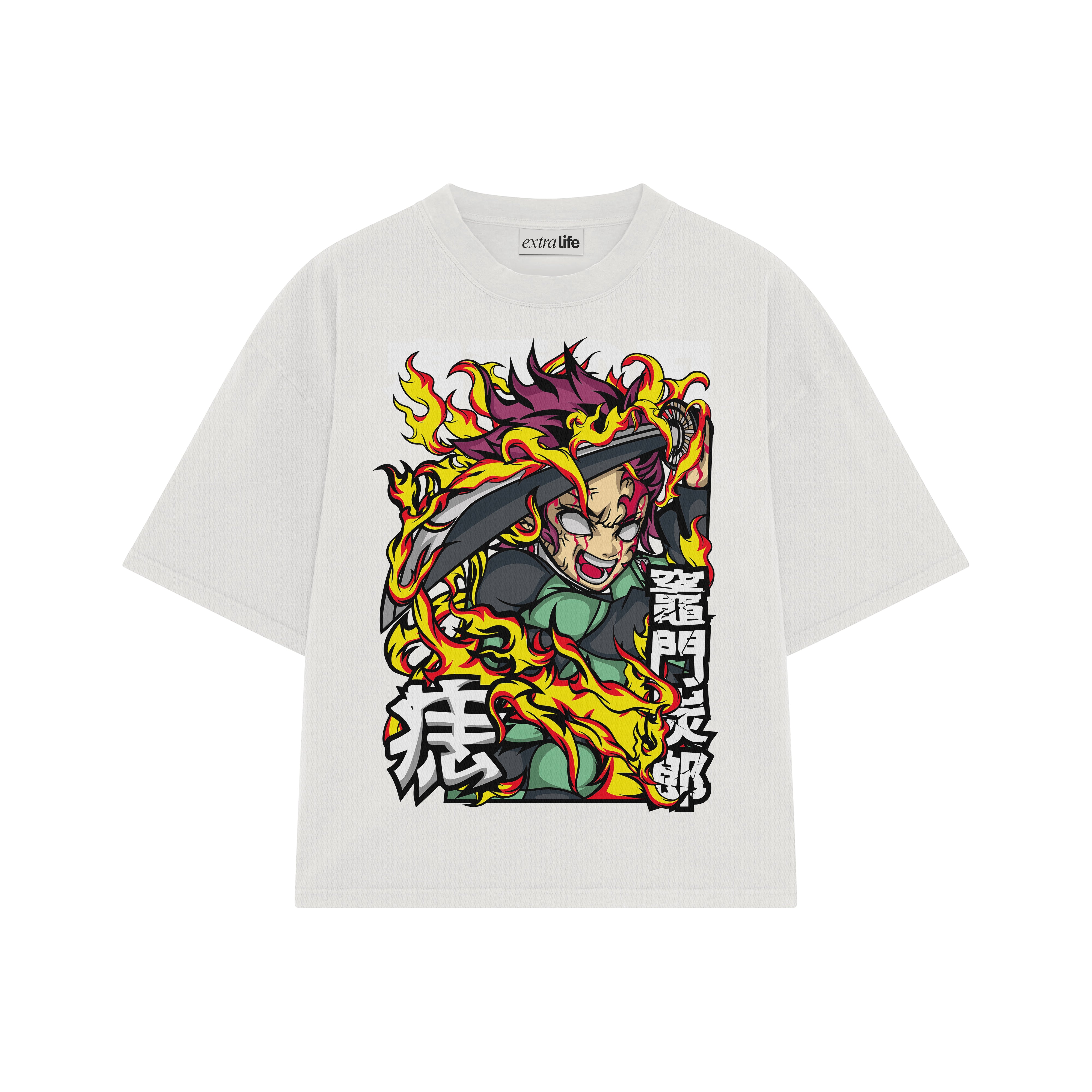 Playera streetwear premium de anime y gaming ExtraLife MX, corte boxy oversized drop shoulder heavyweight en color Deep Black y Off-White, moda urbana mexicana de culto.