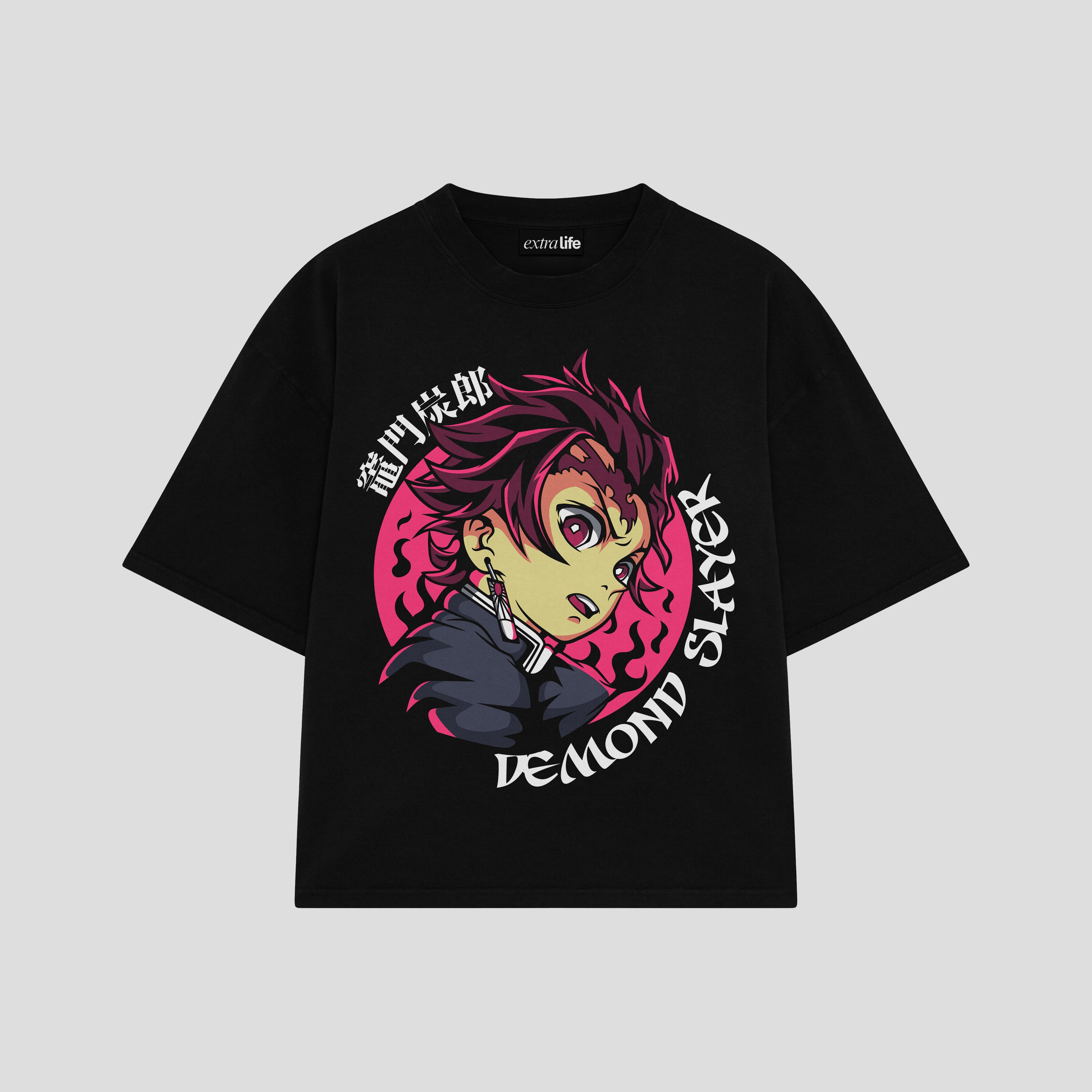 Playera streetwear premium de anime y gaming ExtraLife MX, corte boxy oversized drop shoulder heavyweight en color Deep Black y Off-White, moda urbana mexicana de culto.