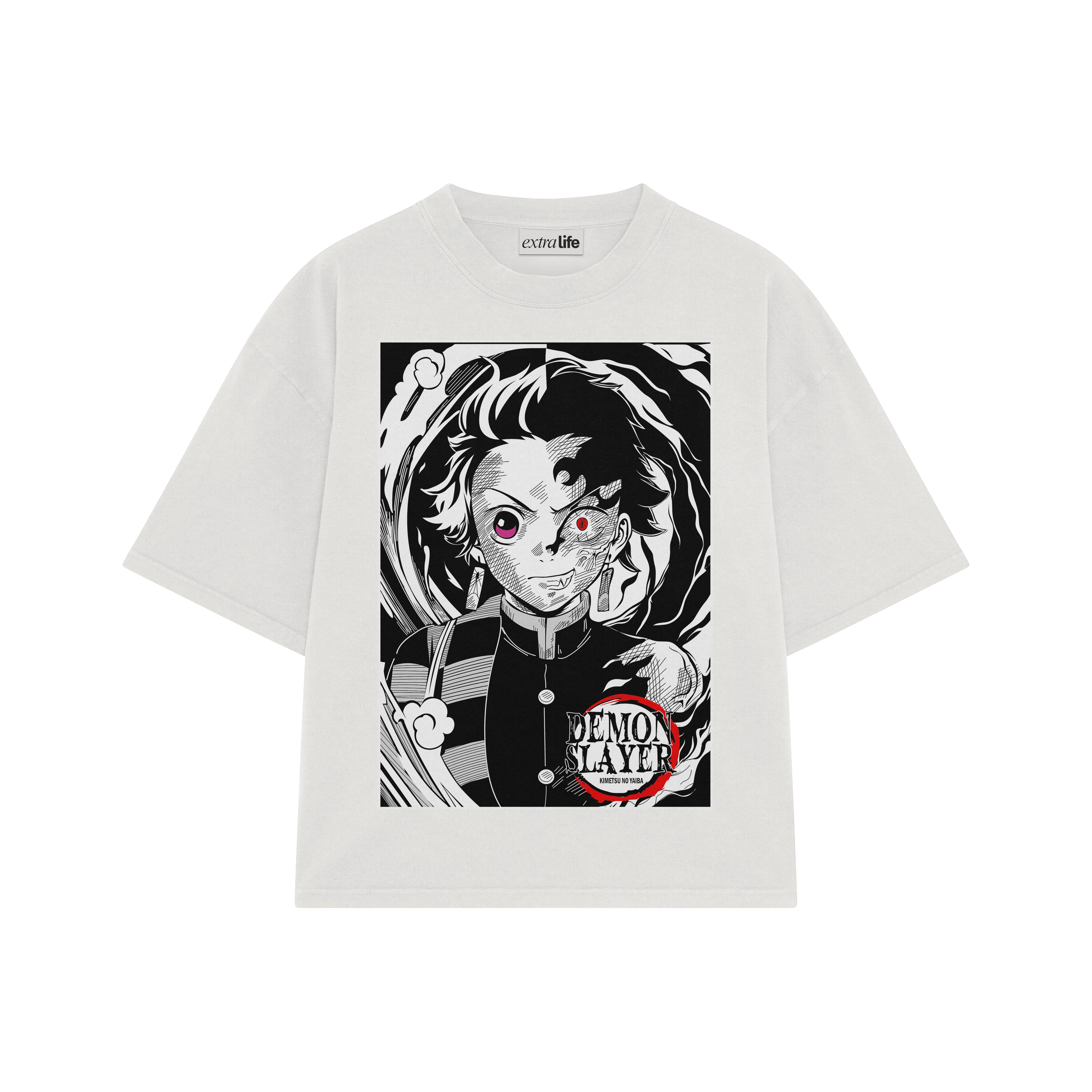 Playera streetwear premium de anime y gaming ExtraLife MX, corte boxy oversized drop shoulder heavyweight en color Deep Black y Off-White, moda urbana mexicana de culto.