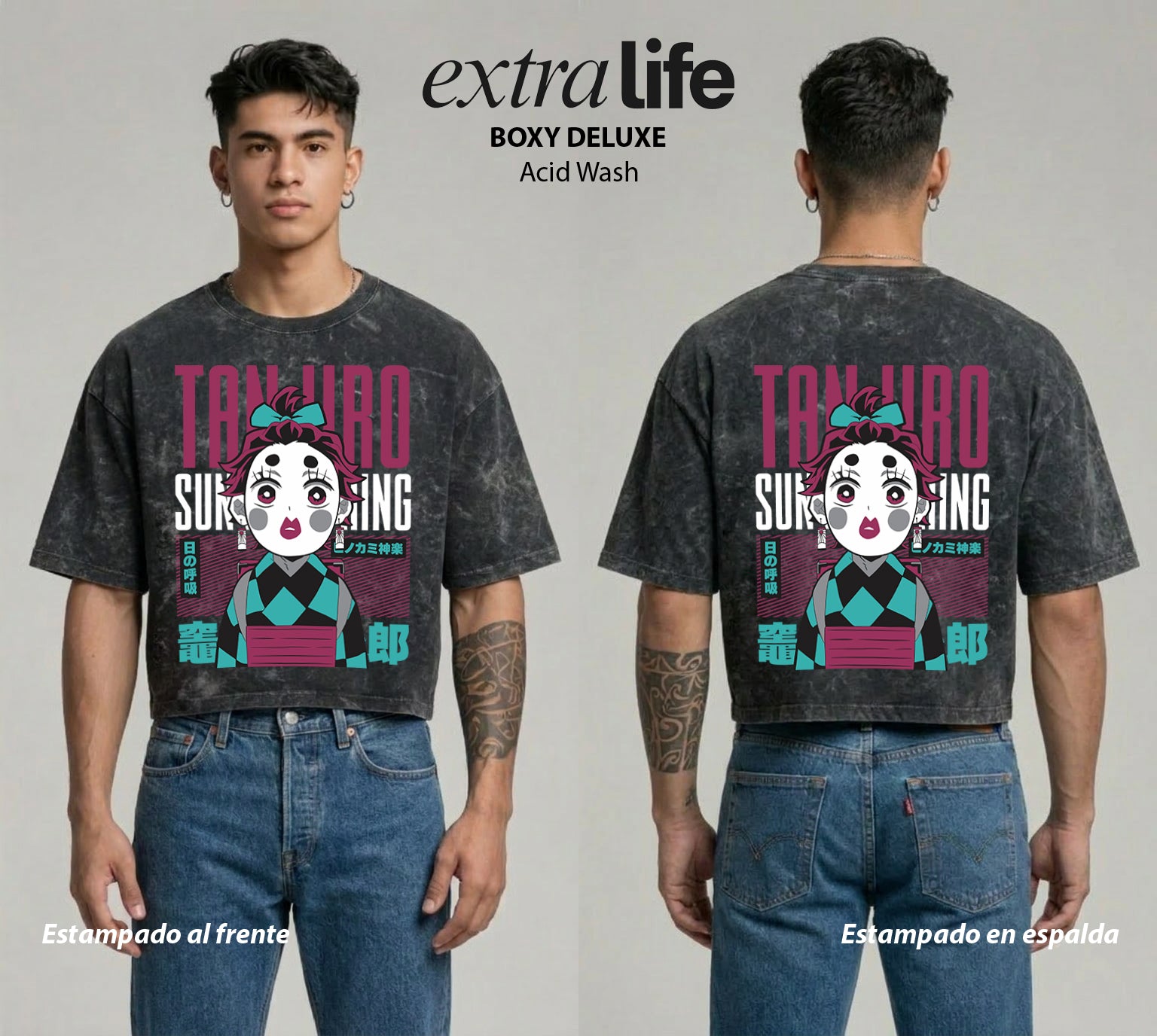 Playera streetwear premium de anime y gaming ExtraLife MX, corte boxy deluxe mineral wash heavyweight en color Acid Wash, moda urbana mexicana de culto.