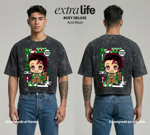 Playera streetwear premium de anime y gaming ExtraLife MX, corte boxy deluxe mineral wash heavyweight en color Acid Wash, moda urbana mexicana de culto.