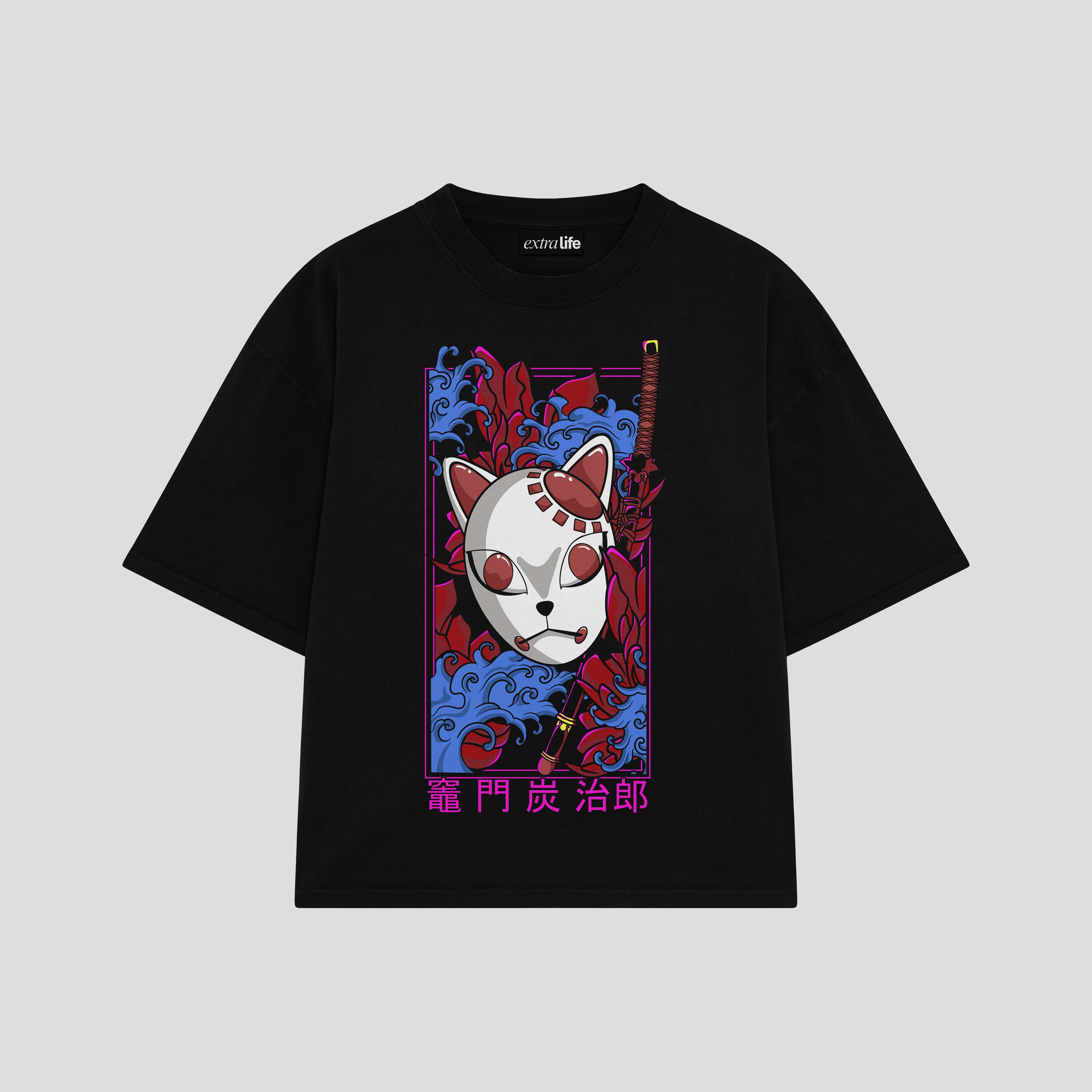 Playera streetwear premium de anime y gaming ExtraLife MX, corte boxy oversized drop shoulder heavyweight en color Deep Black y Off-White, moda urbana mexicana de culto.