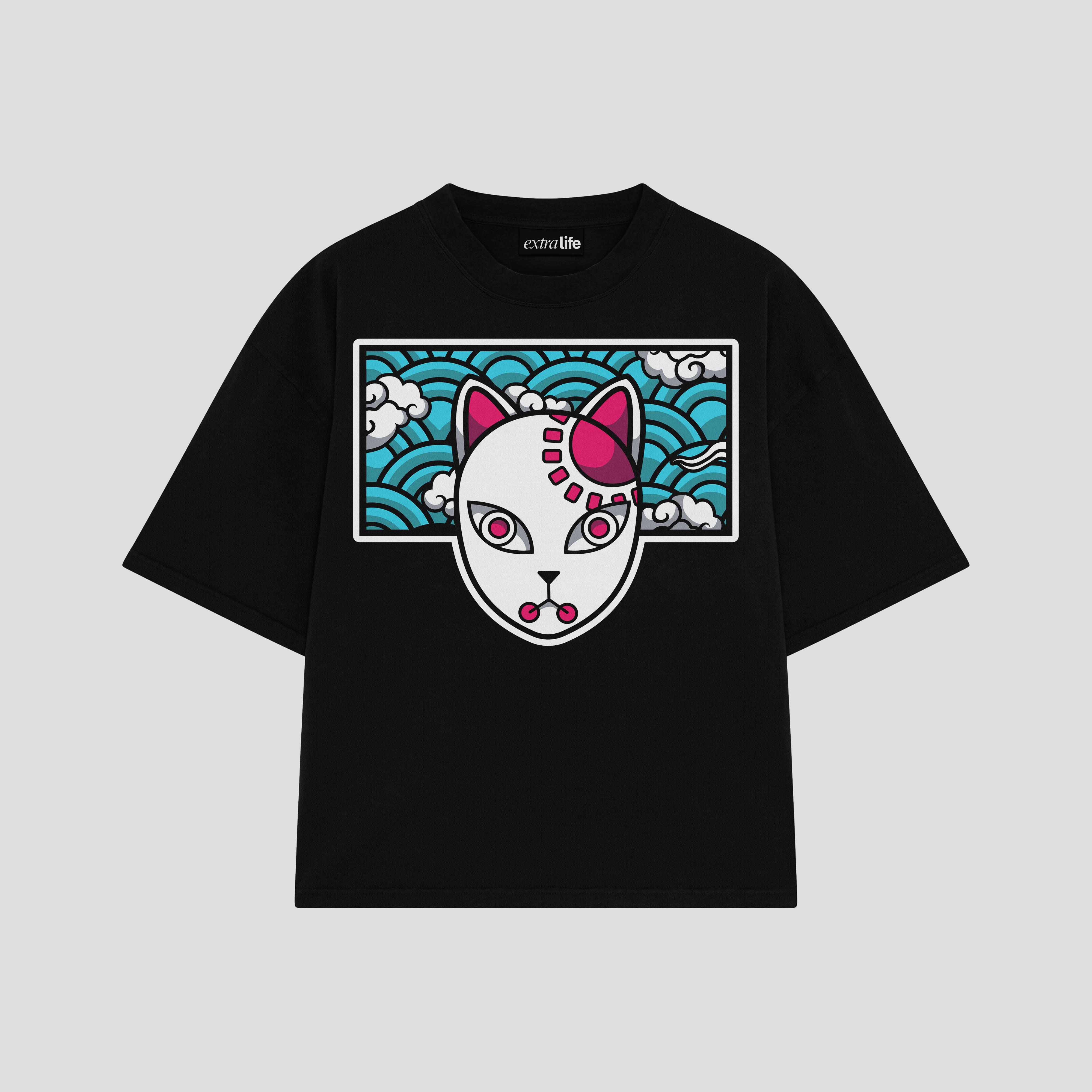 Playera streetwear premium de anime y gaming ExtraLife MX, corte boxy oversized drop shoulder heavyweight en color Deep Black y Off-White, moda urbana mexicana de culto.