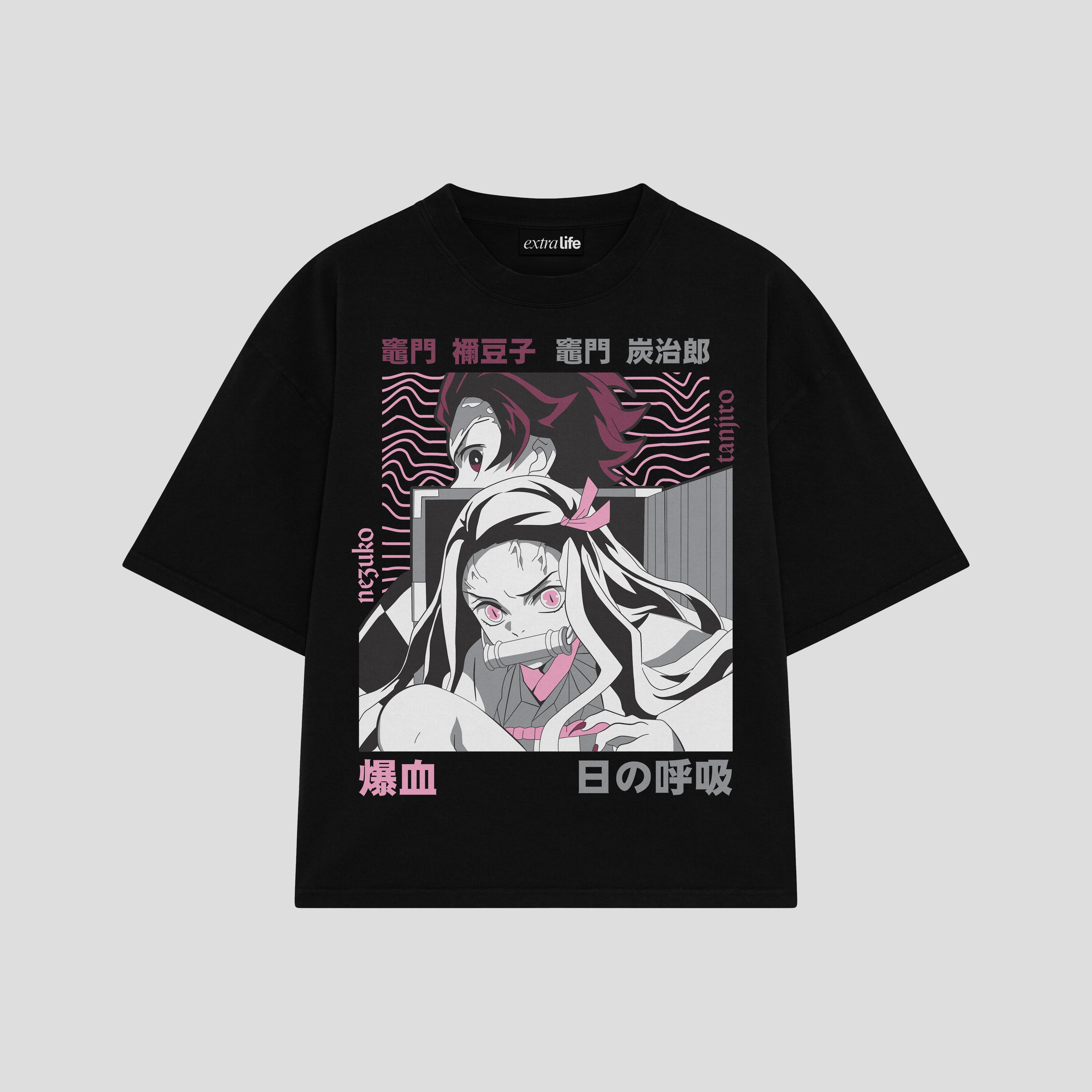 Playera streetwear premium de anime y gaming ExtraLife MX, corte boxy oversized drop shoulder heavyweight en color Deep Black y Off-White, moda urbana mexicana de culto.