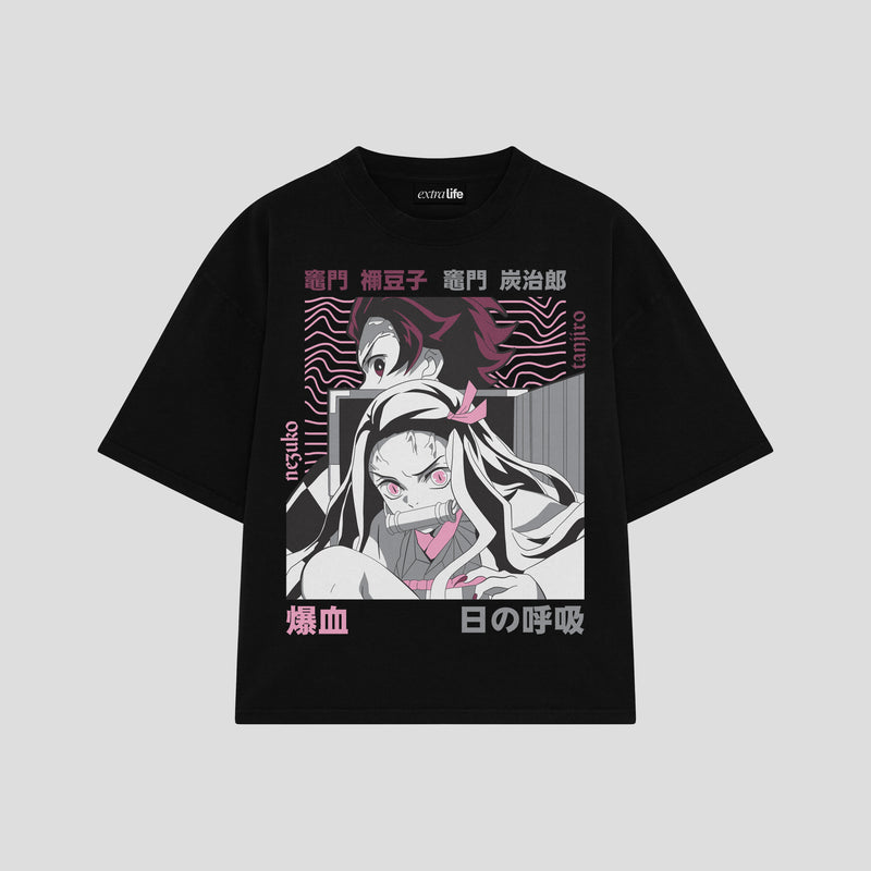 Playera streetwear premium de anime y gaming ExtraLife MX, corte boxy oversized drop shoulder heavyweight en color Deep Black y Off-White, moda urbana mexicana de culto.