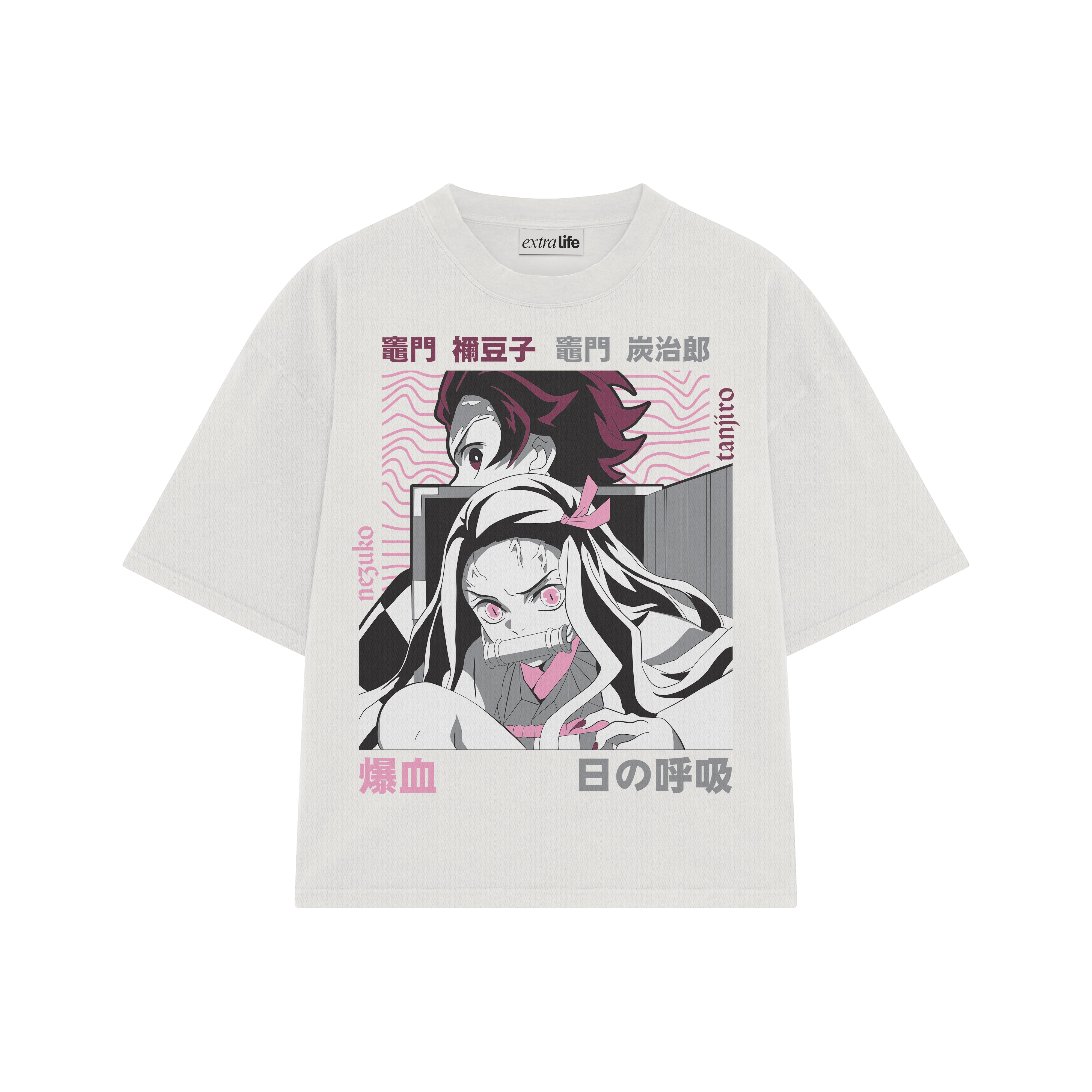 Playera streetwear premium de anime y gaming ExtraLife MX, corte boxy oversized drop shoulder heavyweight en color Deep Black y Off-White, moda urbana mexicana de culto.