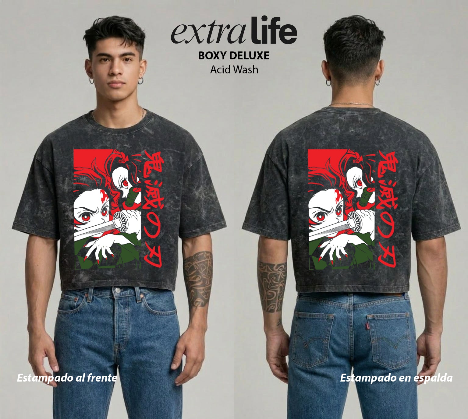 Playera streetwear premium de anime y gaming ExtraLife MX, corte boxy deluxe mineral wash heavyweight en color Acid Wash, moda urbana mexicana de culto.