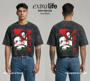 Playera streetwear premium de anime y gaming ExtraLife MX, corte boxy deluxe mineral wash heavyweight en color Acid Wash, moda urbana mexicana de culto.