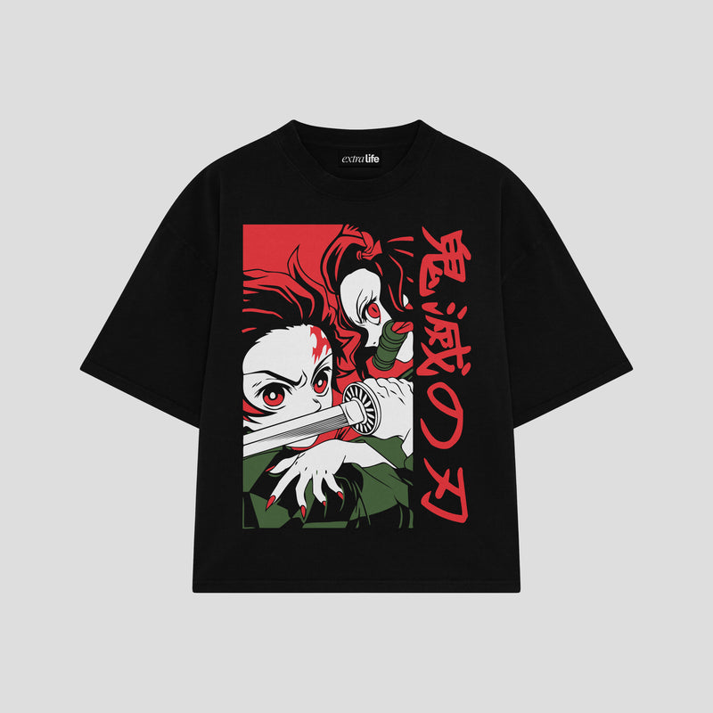 Playera streetwear premium de anime y gaming ExtraLife MX, corte boxy oversized drop shoulder heavyweight en color Deep Black y Off-White, moda urbana mexicana de culto.