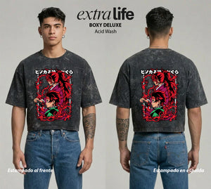 Playera streetwear premium de anime y gaming ExtraLife MX, corte boxy deluxe mineral wash heavyweight en color Acid Wash, moda urbana mexicana de culto.