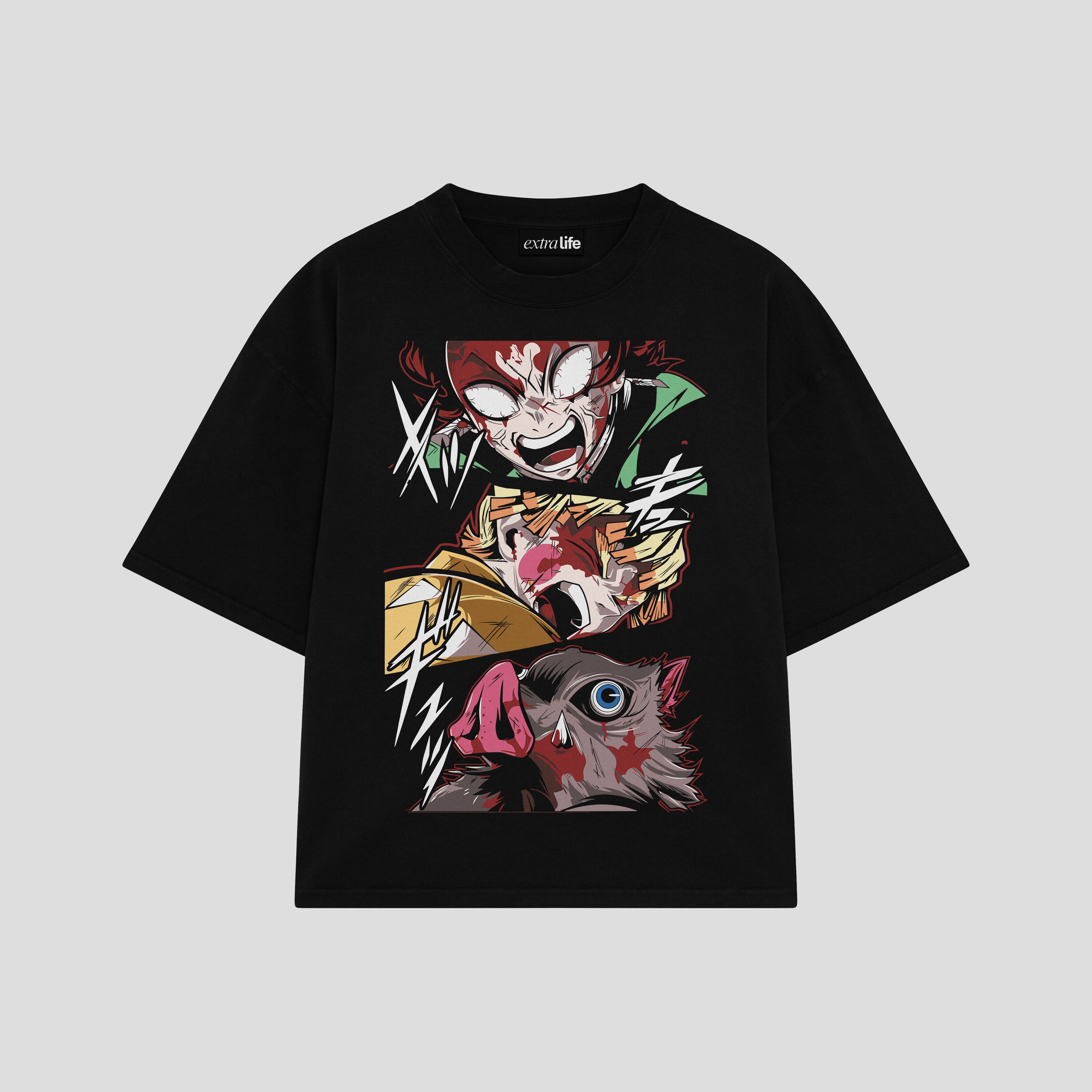Playera streetwear premium de anime y gaming ExtraLife MX, corte boxy oversized drop shoulder heavyweight en color Deep Black y Off-White, moda urbana mexicana de culto.
