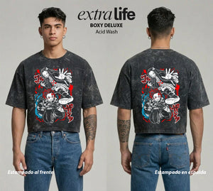 Playera streetwear premium de anime y gaming ExtraLife MX, corte boxy deluxe mineral wash heavyweight en color Acid Wash, moda urbana mexicana de culto.