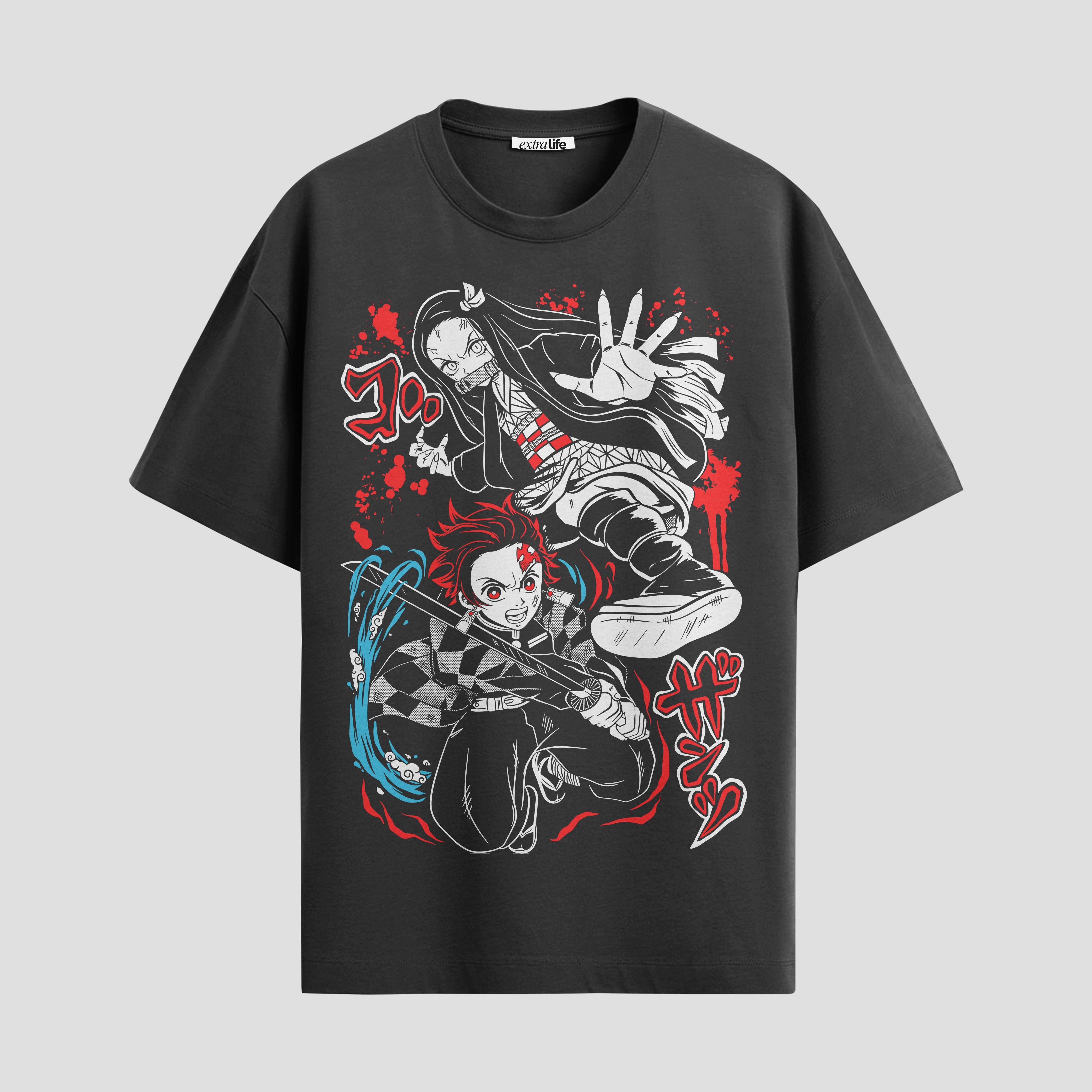 Playera urbana de anime y gaming ExtraLife MX, corte Standard Fit unisex ligero y transpirable en color Deep Black y Pure White, ropa de uso diario para gym y casual.