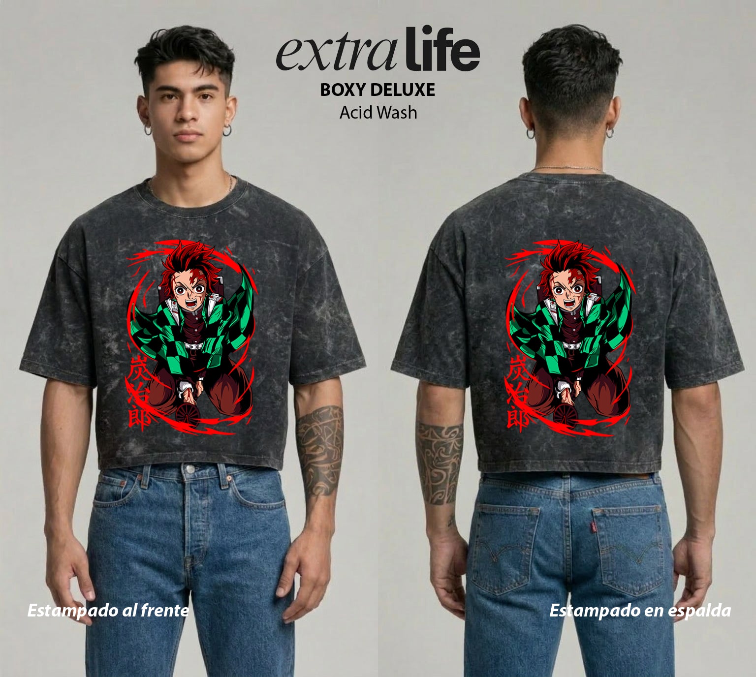 Playera streetwear premium de anime y gaming ExtraLife MX, corte boxy deluxe mineral wash heavyweight en color Acid Wash, moda urbana mexicana de culto.
